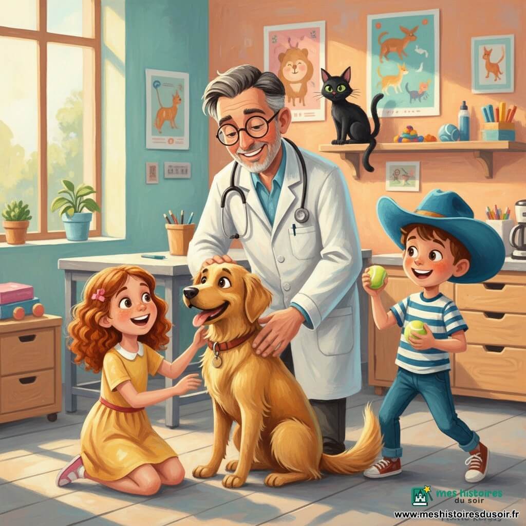 Un vétérinaire souriant aux cheveux poivre et sel, lunettes rondes et blouse blanche, penché vers Bella, petite chienne dorée, pendant que Clara (~8 ans, cheveux bouclés roux, robe jaune) la caresse à gauche et Tom (~7 ans, chapeau de cow‑boy bleu, T‑shirt rayé) tient une balle à droite; un chat noir, Peluche, observe depuis une étagère; cabinet lumineux aux murs pastel, grande table d’examen grise, jouets et tiroirs en bois clair, matinée douce — scène chaleureuse et pédagogique montrée avec des coups de pinceau d’acrylique visibles, couleurs vives et textures épaisses.