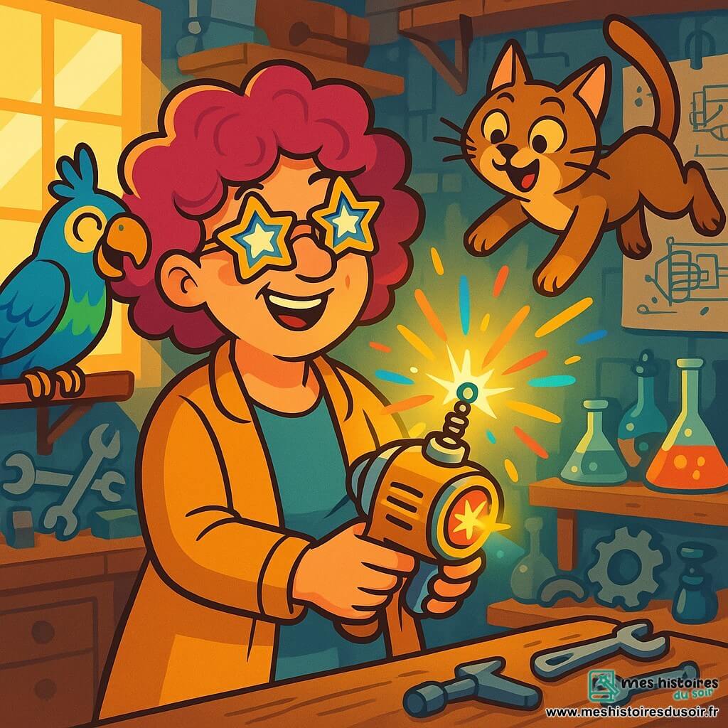 Madame Lulu, une femme d'une cinquantaine d'années aux cheveux bouclés fuchsia et lunettes en forme d'étoiles, se tient dans son atelier, souriante et excitée, tenant un appareil brillant, le Radiorayon, qui émet des étincelles multicolores. À ses côtés, Poly, un perroquet aux plumes bleu et vert, chante joyeusement, tandis que le Chat-Cascadeur, un chat agile, exécute une acrobatie. L'atelier est chaotique et coloré, rempli d'outils étranges et de potions scintillantes, baigné de lumière. La scène principale montre Madame Lulu, Poly et le Chat-Cascadeur autour du Radiorayon, prêts pour une aventure incroyable dans un univers fantastique.