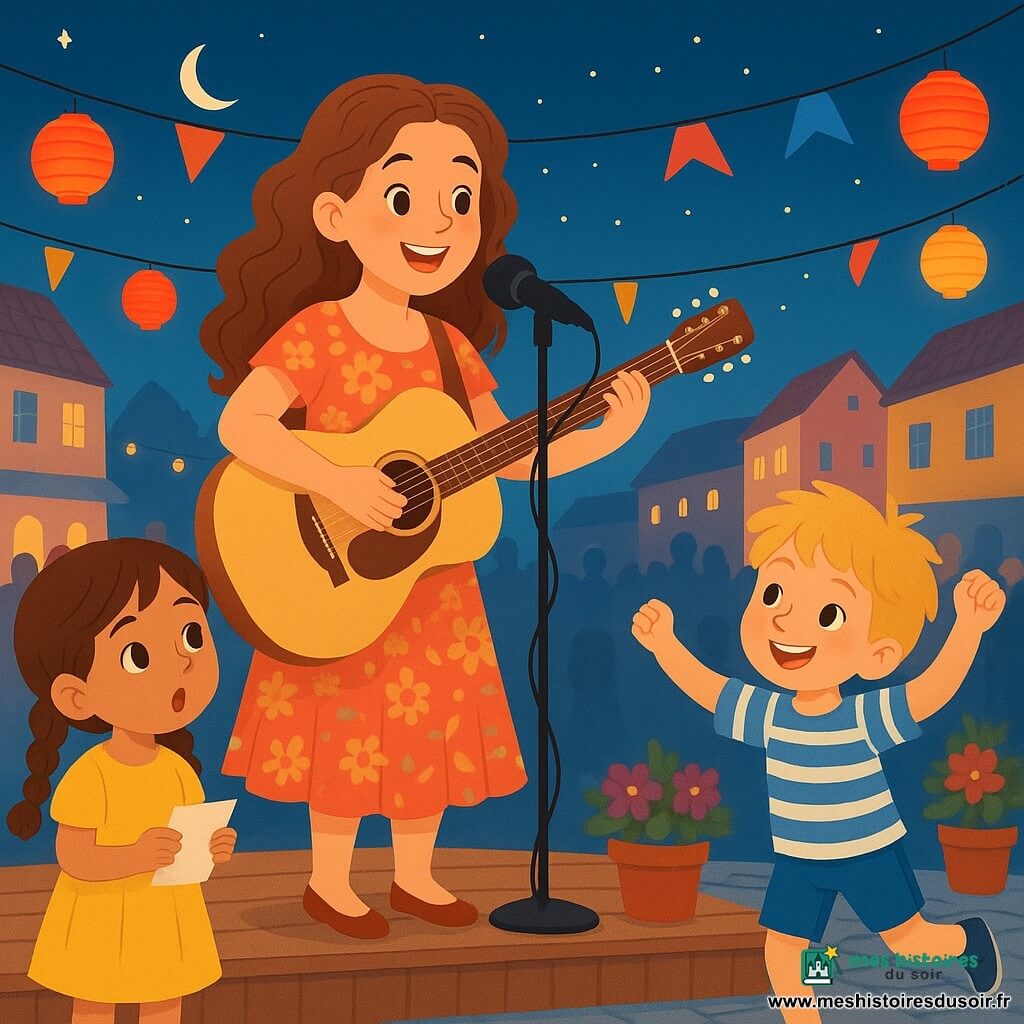 Clara, chanteuse adulte aux longs cheveux bouclés châtain, souriante, en robe fleurie joue de sa guitare acoustique sur une petite scène en bois au centre ; au premier plan à gauche Lila, fillette émerveillée aux nattes brunes tenant un papier, à droite Jules, garçon joyeux aux cheveux blonds en bataille imitant un astronaute ; place pavée de village avec maisons pastel, lampions colorés et guirlandes lumineuses, pots de fleurs, ciel crépusculaire bleu profond avec lune et étoiles, ambiance chaleureuse et festive, couleurs saturées, lignes nettes, style vectoriel clair et joyeux adapté à un livre jeunesse.