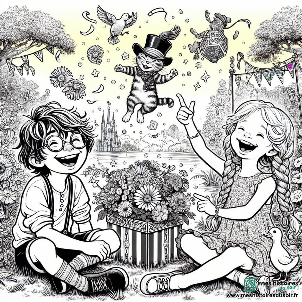 Dans un jardin ensoleillé, Léo, un garçon de 8 ans avec des cheveux bruns en bataille et des lunettes rondes, est assis sur l'herbe en riant. À côté de lui, Zoé, une fille de 7 ans avec de longs cheveux blonds tressés et une robe à fleurs, montre un chat coloré qui fait des galipettes. Le jardin est orné de fleurs multicolores, de grands arbres aux feuilles vertes, et une boîte magique scintillante entourée de confettis. Un chat pirate avec un chapeau et un canard en tutu se trémoussent, créant une ambiance festive. Les deux amis sont émerveillés par la magie et l'humour de leurs nouveaux compagnons, partageant un moment de pure joie.