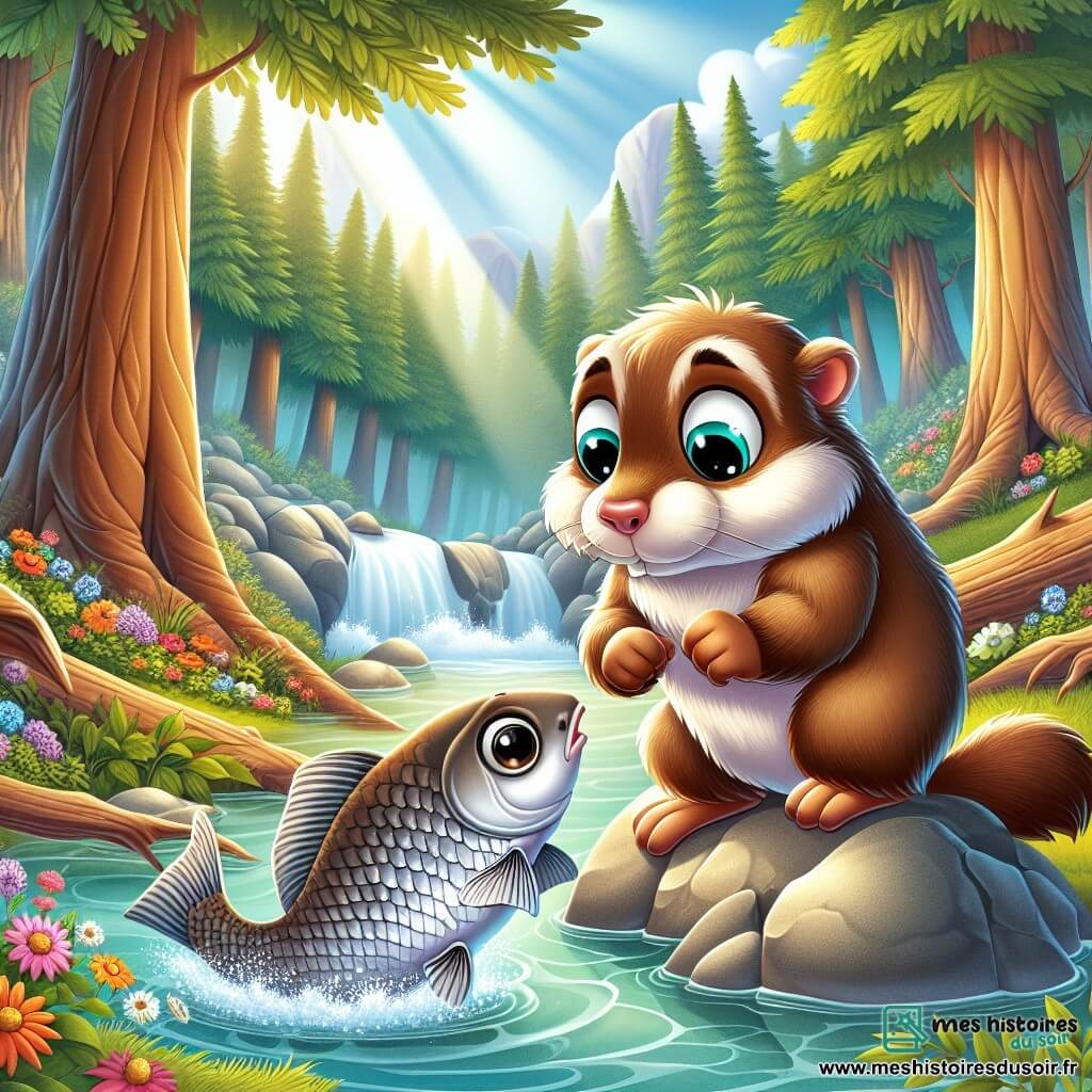 Au centre de l'image, une marmotte nommée Max, au pelage brun et aux yeux curieux, se tient sur ses pattes arrière, regardant un poisson argenté coincé dans une pierre au bord d'un ruisseau. Le poisson, avec des écailles brillantes, semble anxieux mais reconnaissant. En arrière-plan, une forêt dense avec des arbres majestueux, des fleurs colorées et un ruisseau serpentin, baigné par la lumière du soleil. Max aide le poisson, illustrant un moment de solidarité dans la nature.