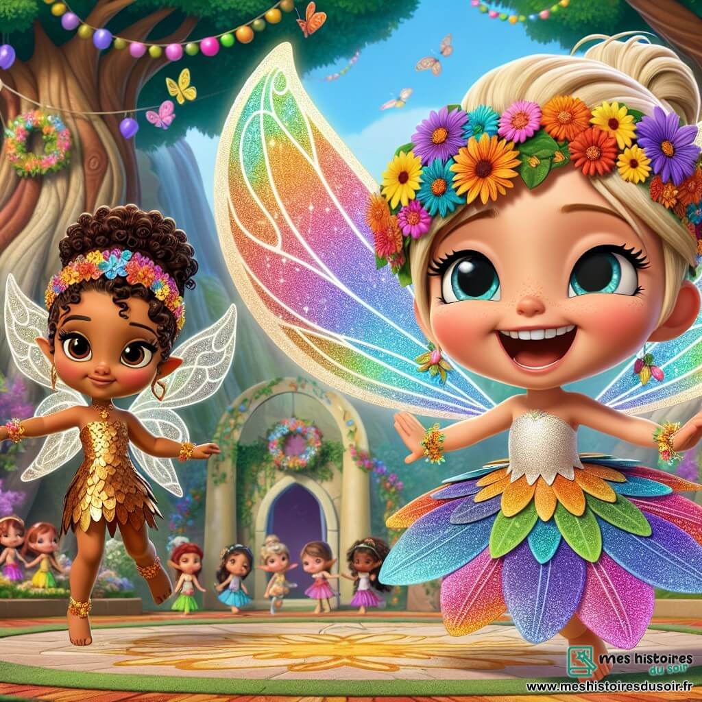 Lila, une petite fée aux ailes colorées, vole joyeusement au-dessus d'une cour d'école, rayonnante de joie. Elle porte une robe en pétales de fleurs multicolores. À ses côtés, Naïma, une petite elfe aux cheveux bouclés et à la peau caramel, se tient sur scène, prête à chanter dans une robe de feuilles dorées. La scène se déroule dans une cour d'école enchantée, entourée d'arbres noueux et de fleurs éclatantes, décorée de guirlandes et de ballons colorés. Lila et Naïma célèbrent la diversité lors d'une fête scolaire où les enfants de la forêt partagent leurs talents et cultures, unis dans la joie et l'amitié.
