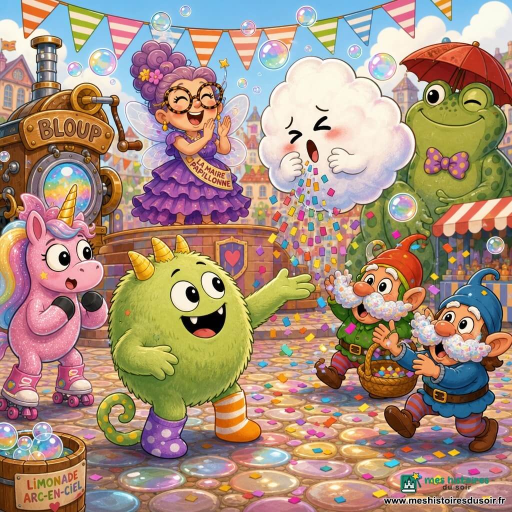 Gribouille, petit monstre rond et adorable au sourire rassurant, peau duveteuse vert pâle, trois cornes molles jaune banane, queue en point d’interrogation et chaussettes dépareillées, tend la patte pour accueillir Floc, un nuage-personnage timide et heureux, blanc et moelleux, qui éternue des confettis multicolores en flottant juste au-dessus de lui; en arrière-plan, la Maire Papillonne, fée aux lunettes écaille et robe à volants, rit et applaudit depuis une estrade, à gauche une licorne rose pailletée en rollers s’arrête étonnée, à droite deux lutins moustachus attrapent des confettis, et une grenouille géante verte au parapluie rouge observe en souriant; décor : la Place du Grand Rond avec pavés ronds brillants, banderoles, stands colorés et une grande machine à manivelle qui fait « bloup », bulles de limonade arc-en-ciel flottant, ambiance festive, rires, couleurs vives et textures douces, palette pastel saturée.