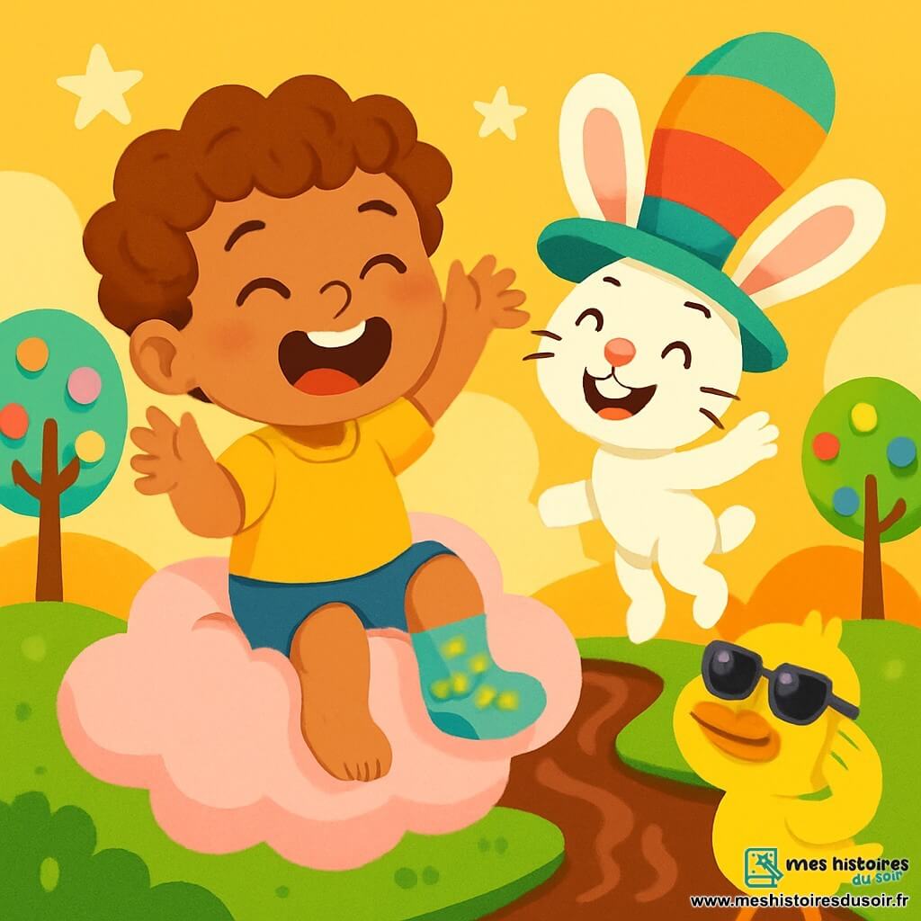 Un petit garçon de 2 ans, cheveux bouclés et yeux joyeux, porte une chaussette magique brillante sur son pied. Il est assis sur un nuage en barbe à papa, riant aux éclats, les bras levés. À côté, Monsieur Lapin, un lapin blanc avec un grand chapeau coloré, sourit en sautant joyeusement. Madame Canard, une cane en plumes jaunes avec des lunettes de soleil, cherche ses lunettes sur sa tête, l'air amusé. Le décor est un monde fantastique avec des arbres en bonbons et des rivières de chocolat. Le garçon rit avec ses amis dans une aventure pleine de rires et de couleurs éclatantes.