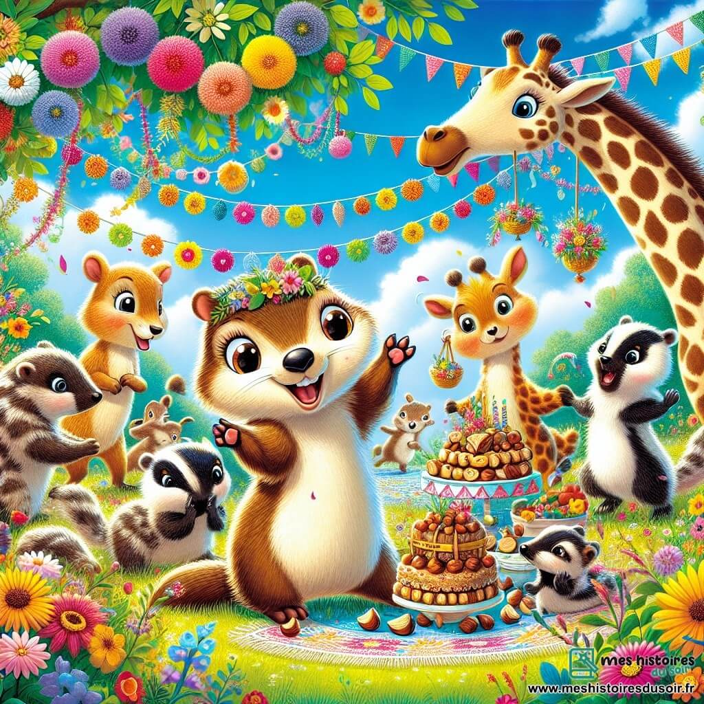 Marcellin la Marmotte, une petite marmotte aux poils bruns et doux, se tient au centre de la clairière, souriant et levant les pattes, prêt à accueillir ses amis pour la fête. À sa droite, Ginette la Girafe, élancée et gracieuse, observe la scène depuis une souche, souriante. Barnabé le Blaireau s'affaire à disposer des biscuits aux noisettes sur une table décorée de fleurs, tandis que Léon le Lièvre danse joyeusement sur l'herbe, entraînant les autres animaux. La clairière est remplie de fleurs éclatantes et de guirlandes colorées, sous un ciel bleu parsemé de nuages. L'atmosphère est joyeuse et festive, célébrant leur amitié.