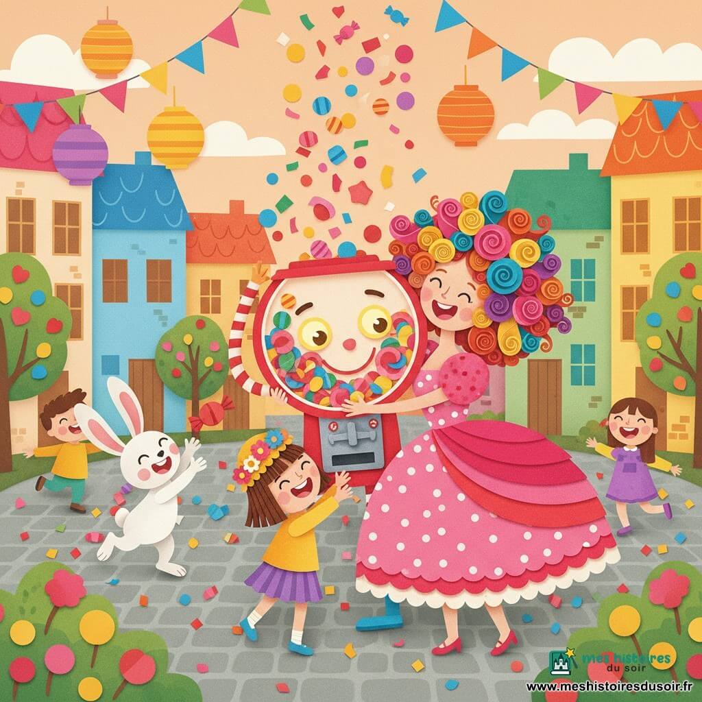 Madame Froufrou, femme joyeuse aux cheveux bouclés multicolores et robe rose à volants, tient un grand distributeur de bonbons souriant; à sa gauche, Victor, un petit lapin aux grandes oreilles blanches, saute en attrapant un bonbon rouge, et devant la machine une fillette de six ans au chapeau de fleurs rit en tendant les mains pour attraper des bonbons qui tourbillonnent; la place pavée du village, entourée de maisons colorées et décorée de guirlandes et lampions, évoque un carnaval sucré aux confettis et à la lumière douce de fin d'après-midi.