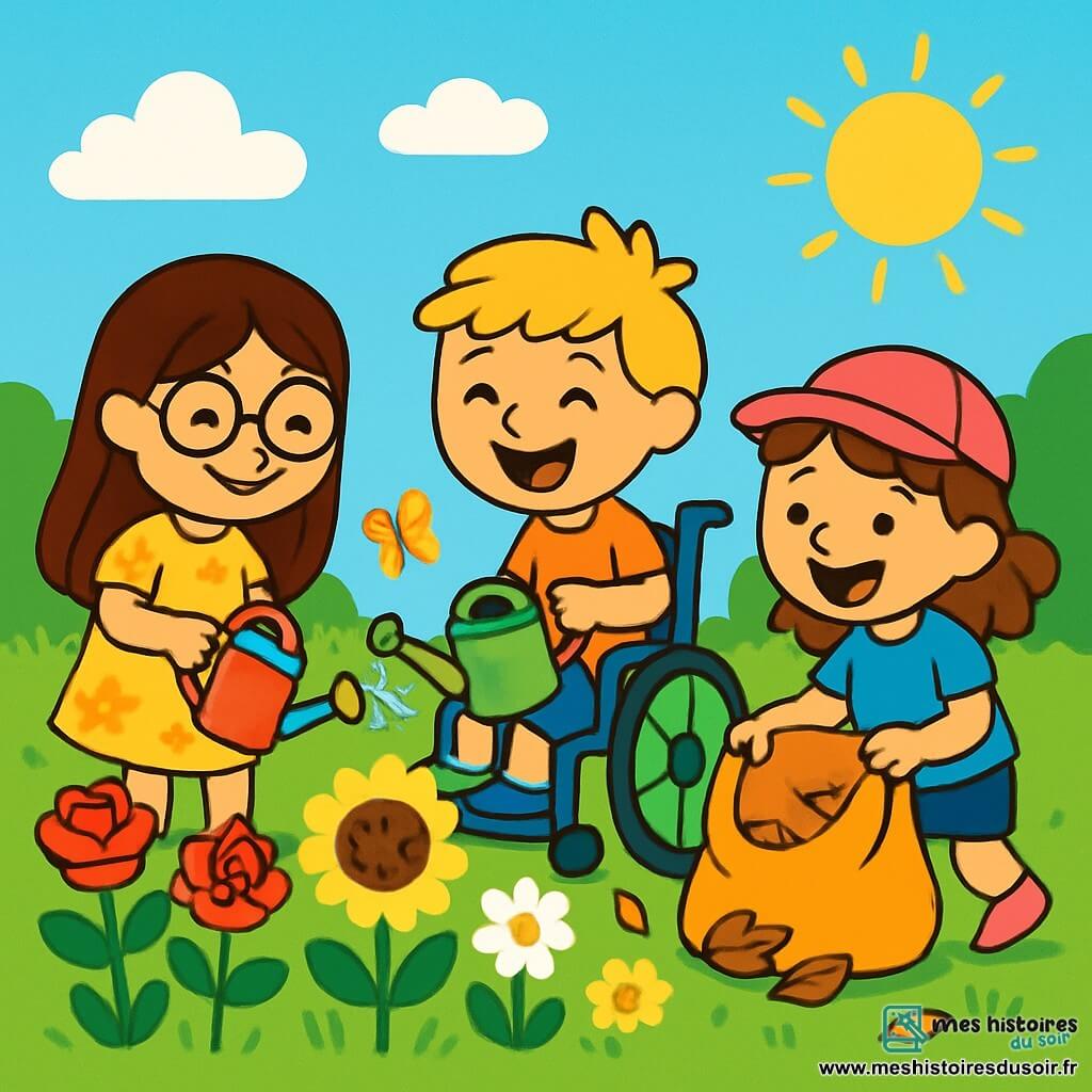 Il y a trois enfants dans un jardin ensoleillé : Mia, une fille de 6 ans avec de longs cheveux bruns et des lunettes rondes, portant une robe jaune et tenant un arrosoir coloré ; Léo, un garçon de 7 ans aux cheveux blonds en bataille, assis dans un fauteuil roulant bleu avec un arrosoir vert ; et Emma, une fille de 6 ans avec des cheveux châtains et une casquette rose, qui ramasse des feuilles avec un grand sac. Ils arrosent les fleurs tout en riant et chantant, profitant d'une belle journée d'été.