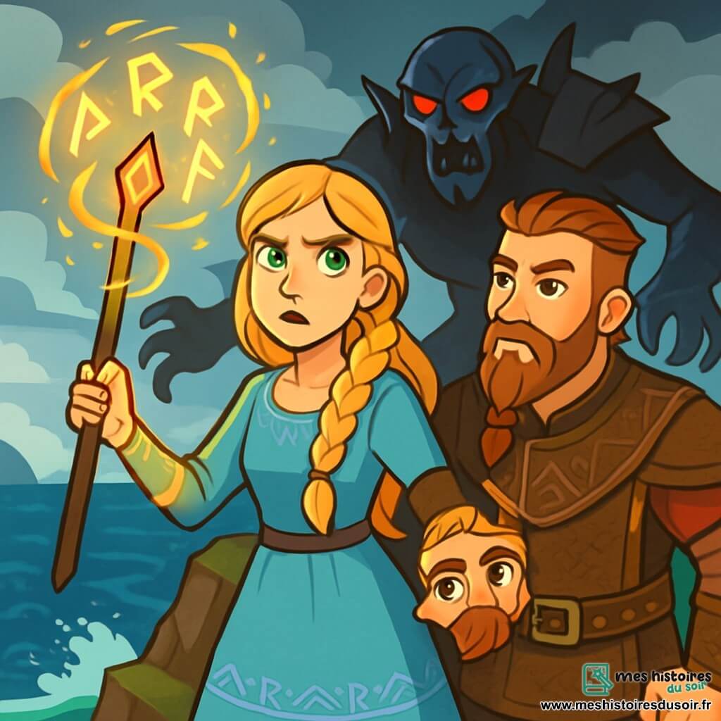 Astrid, une jeune femme aux longs cheveux blonds tressés, porte une robe en lin bleu clair ornée de runes argentées. Son visage exprime détermination et légère inquiétude, ses yeux verts scrutent l'horizon. Elle se tient au sommet d'une falaise, un bâton runique scintillant à la main, entourée d'une aura de magie dorée. Bjorn, un homme d'une trentaine d'années avec une barbe tressée, est à ses côtés, portant une armure en cuir ornée de motifs nordiques, prêt à l'épauler. Le paysage est spectaculaire : une mer bleue s'étend à perte de vue, des vagues se brisent contre les rochers. Astrid invoque des runes lumineuses dans l'air, tandis qu'un Draugr menaçant, une créature massive aux yeux rouges, émerge des ombres derrière elle. La scène capture l'intensité du moment.