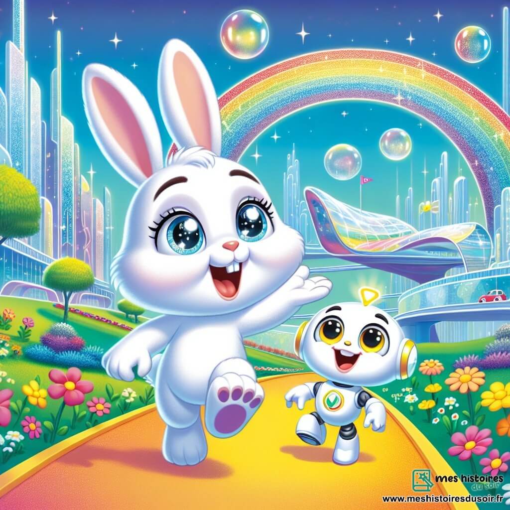 Léo, un lapin curieux au pelage blanc et aux grandes oreilles, saute de joie sur un chemin lumineux bordé de fleurs colorées, émerveillé par un monde futuriste. À ses côtés, Zippy, un robot amical aux formes arrondies et aux yeux scintillants, sourit en montrant la direction. Le décor est Lumiville, une ville futuriste avec des bâtiments en verre, des voitures flottantes et des parcs magiques. Léo et Zippy s'émerveillent devant un pont en arc-en-ciel vibrant de couleurs, prêts pour une aventure inoubliable.