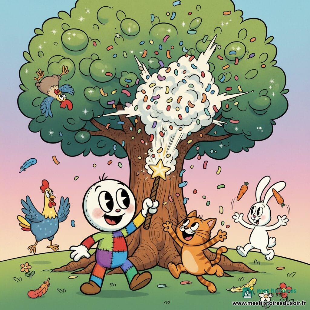 Le personnage principal est Pipo, un petit drapalou en tissu au corps patchwork et tête en feutrine, grands yeux brillants, qui agite une baguette en bois faisant jaillir un nuage de confettis multicolores ; à sa droite avance légèrement Biscuit, un chat orange tigré malicieux qui tente d’attraper les confettis, tandis qu’à l’arrière gauche une poule bariolée fait des pirouettes et qu’à l’arrière droit un lapin blanc aux longues oreilles jongle avec des carottes, le tout sous un grand arbre magique aux feuilles scintillantes et à l’écorce en spirales, sur une pelouse fleurie et un ciel pastel, dans une ambiance festive, couleurs saturées, formes arrondies et lumière douce.