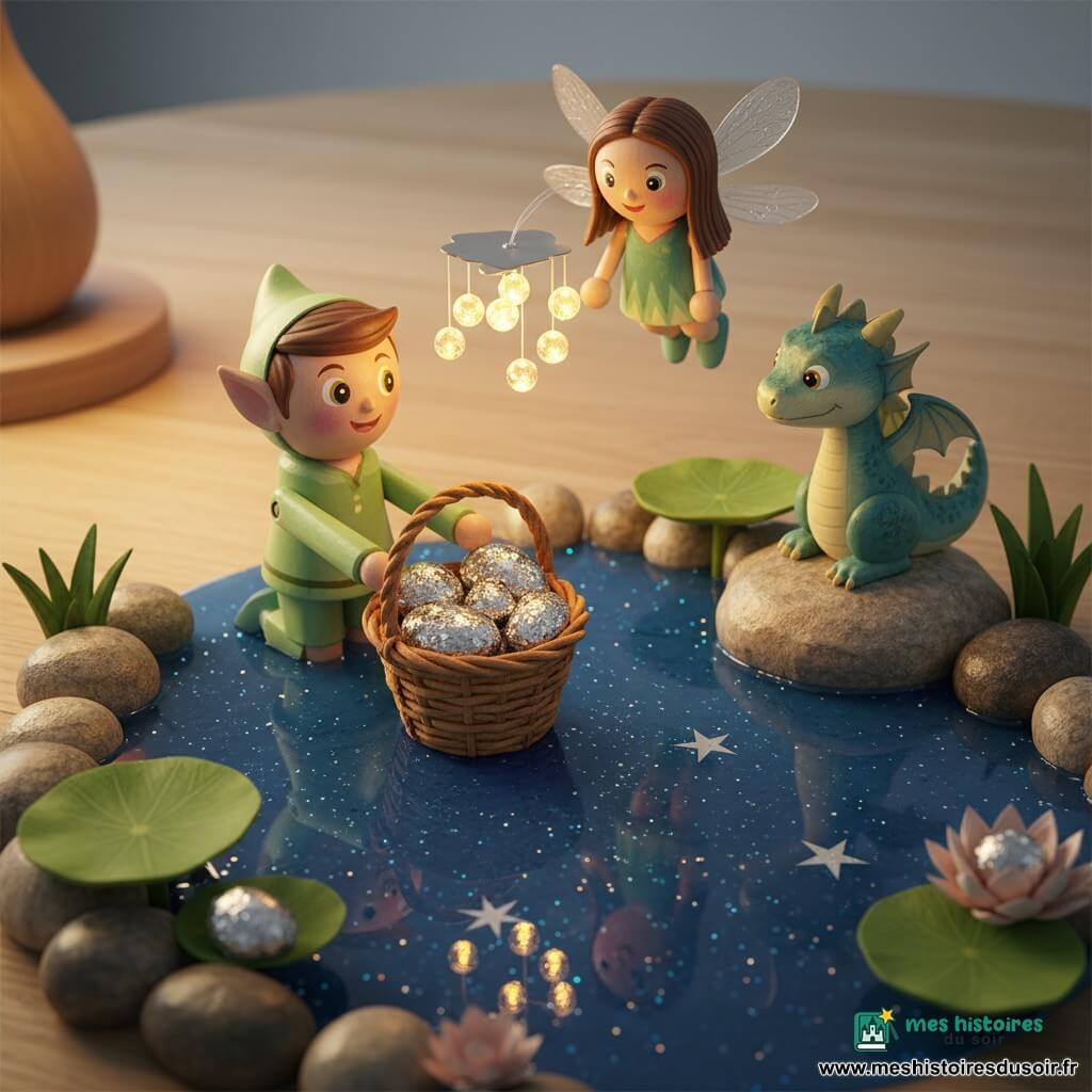 Téo, petit elfe aux yeux pétillants et sourire émerveillé, genoux pliés près du lac en tendant un panier en bois rempli de pierres brillantes ; Lila, petite fée aux ailes argentées stylisées, flotte joyeuse à sa droite en battant de petites ailes translucides ; Sparky, petit dragon malicieux en bois verni bleu-vert, posé sur une pierre près du bord et observant les lucioles — de petites perles lumineuses jaune-orangé au-dessus du panier ; le lac lisse en résine bleu profond pailleté, bordé de galets en bois et de feuilles de lotus sculptées, baigne la scène dans une ambiance douce et magique aux couleurs pastel et vernis brillant, éclairée chaleureusement depuis une lampe de chevet, composition centrée sur les personnages et le trésor.