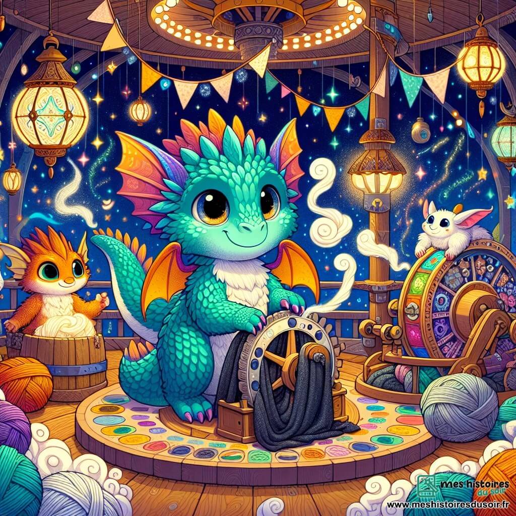 Nébule, un petit dragon de buanderie aux écailles vert menthe, se tient au centre de l'image, avec un regard déterminé. Il souffle une vapeur parfumée à la menthe, créant des nuages autour de lui. À sa gauche, Flambette, une salamandre aux écailles orange et dorées, sourit en tenant une écharpe en charbon doux. À droite, Tibule, un gobelin avec des oreilles pointues et un chapeau en forme d'ananas, observe l'Aéramatic, un appareil étrange émettant une lueur chaleureuse. Le décor est l'Abri du Vent, avec une lanterne géante, des guirlandes scintillantes et des murs en bois sculpté. Nébule règle l'Aéramatic pour la fête, tandis que Flambette et Tibule l'encouragent, prêts à l'aider dans cette aventure magique.