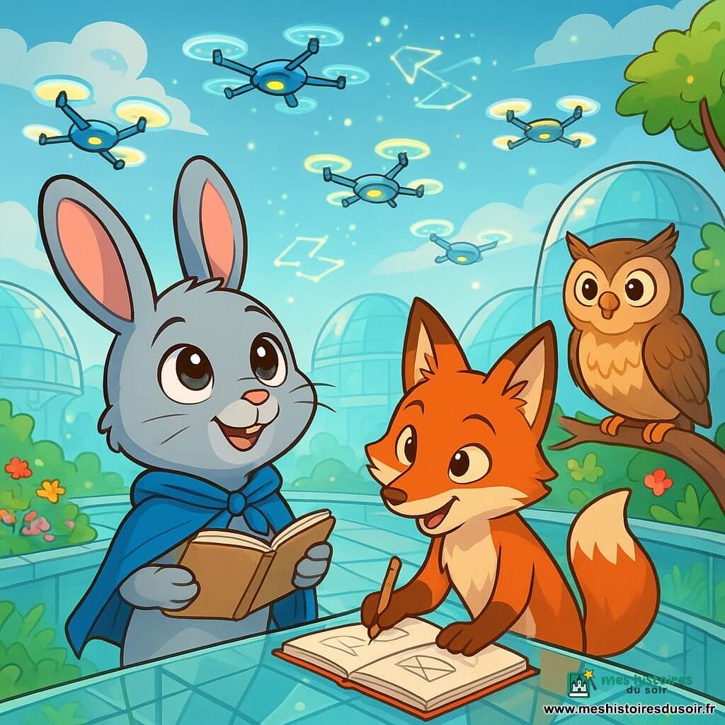 Un jeune lapin gris perle, nommé Nuage, se tient sur une passerelle translucide, curieux et excité. Il porte une cape coupe-vent et tient un carnet ouvert, observant des drones scintillants dans le ciel. À ses côtés, un renard roux dessine des formes géométriques avec enthousiasme. Plus loin, une chouette aux plumes brunes et dorées les observe avec bienveillance, prête à partager ses connaissances. Le cadre est une cité futuriste flottante avec des dômes translucides et des jardins suspendus. Nuage et ses amis observent les drones dansants, tentant de décoder leur langage mystérieux, dans une ambiance d'émerveillement et de camaraderie.