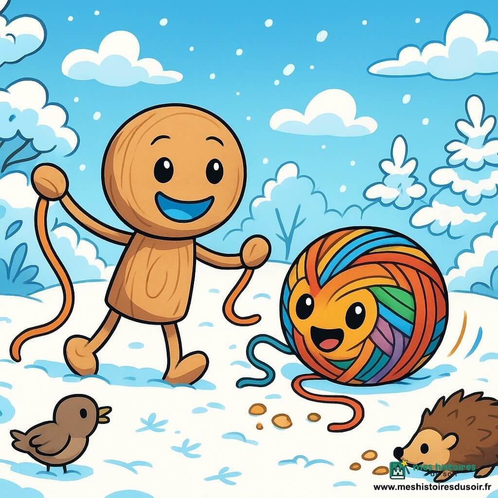 Floc, un petit bonhomme en bois avec deux bras souples et un sourire bleu, se tient joyeusement dans un jardin enneigé, ses yeux brillants de curiosité. À côté de lui, Boulette, une pelote de laine colorée, roule avec entrain, ses fils s'éparpillant. Le jardin est recouvert de neige scintillante, avec des traces d'animaux et des buissons chargés de neige, sous un ciel bleu clair. Floc et Boulette rassemblent des brins de laine et des miettes de pain pour aider les oiseaux et les hérissons, créant une scène chaleureuse en hiver.