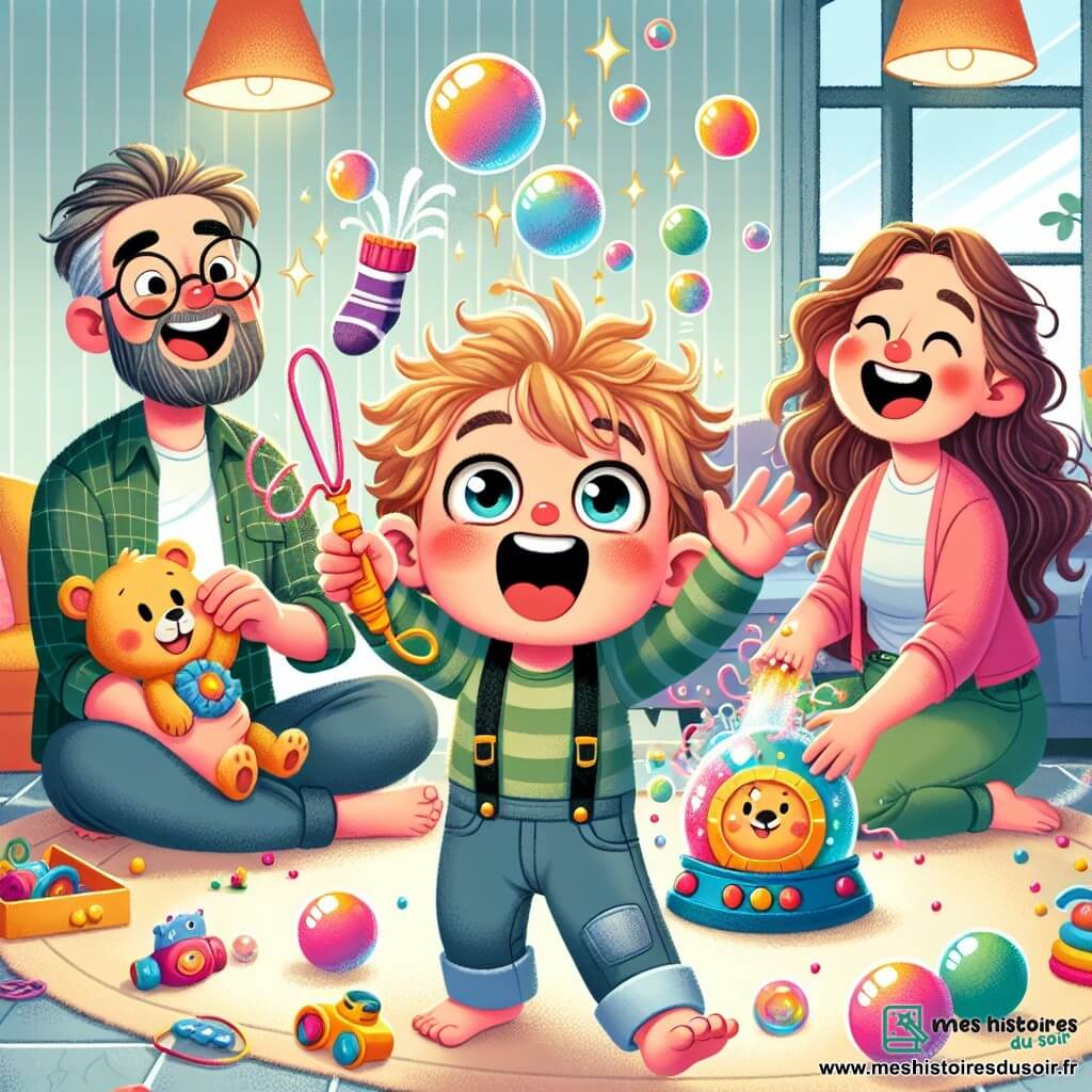 Léo, un petit garçon de 2 ans aux grands yeux pétillants et cheveux bouclés, rit aux éclats, les bras levés, entouré de bulles colorées. À ses côtés, son papa souriant, une bulle sur le nez, et sa maman joyeuse, avec une chaussette sur la tête, rient avec lui. Ils sont dans un salon chaleureux avec un tapis moelleux et des murs colorés. Léo s'amuse avec une machine magique à bulles, créant une ambiance joyeuse et ludique.