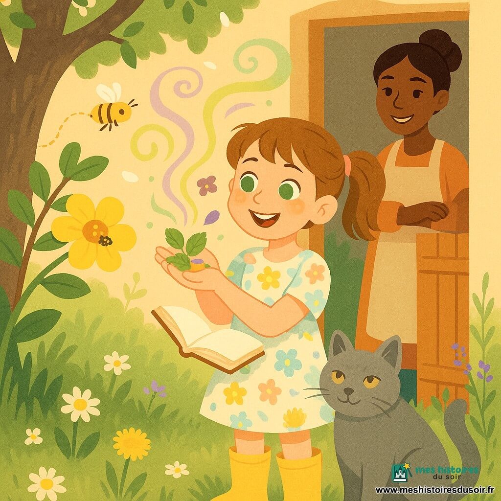 Zoé, 8 ans, souriante et émerveillée, cheveux châtain clair en couettes, yeux verts, en robe à fleurs pastel et bottes de pluie jaunes, tient un petit carnet et frotte entre ses paumes une feuille de menthe, un pétale jaune et une petite fleur violette pendant qu’elle invente son « parfum du printemps » ; sa mère d’environ 35 ans, cheveux bruns en chignon et tablier léger, l’observe avec tendresse depuis l’angle de la porte du jardin, un chat gris nommé Grisou se frotte à la jambe de Zoé, une petite abeille butine une grosse fleur jaune sur une branche basse du vieux pommier, et le jardin printanier lumineux — herbe verte parsemée de pâquerettes et pissenlits, fossé d’herbes hautes et petites fleurs violettes, rosée sur les feuilles — est animé de fines volutes colorées (vert, jaune, violet) montant en spirale, ambiance douce, joyeuse et curieuse.