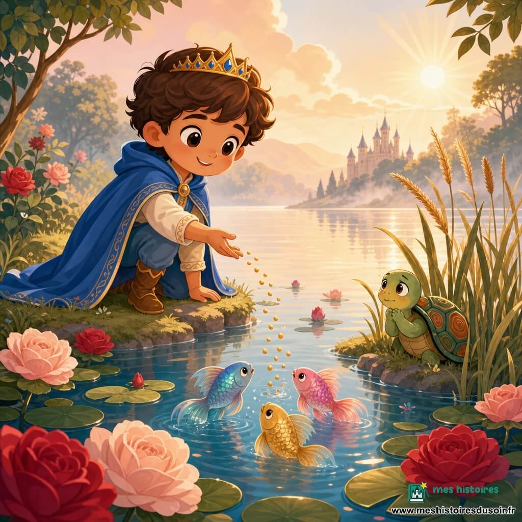 Prince Léo, garçon au sourire lumineux et aux yeux ronds, porte une cape bleue et une fine couronne; il jette des graines dorées vers le bord d'un lac miroir où une petite tortue à carapace verte et motifs orange sort des roseaux, entourée de trois petits poissons aux nageoires irisées; le lac des Roses présente des nénuphars et fleurs roses, roseaux dorés et une légère brume percée d'un rayon de soleil, ambiance calme et réconfortante, composition centrée sur le prince et les animaux au rivage.