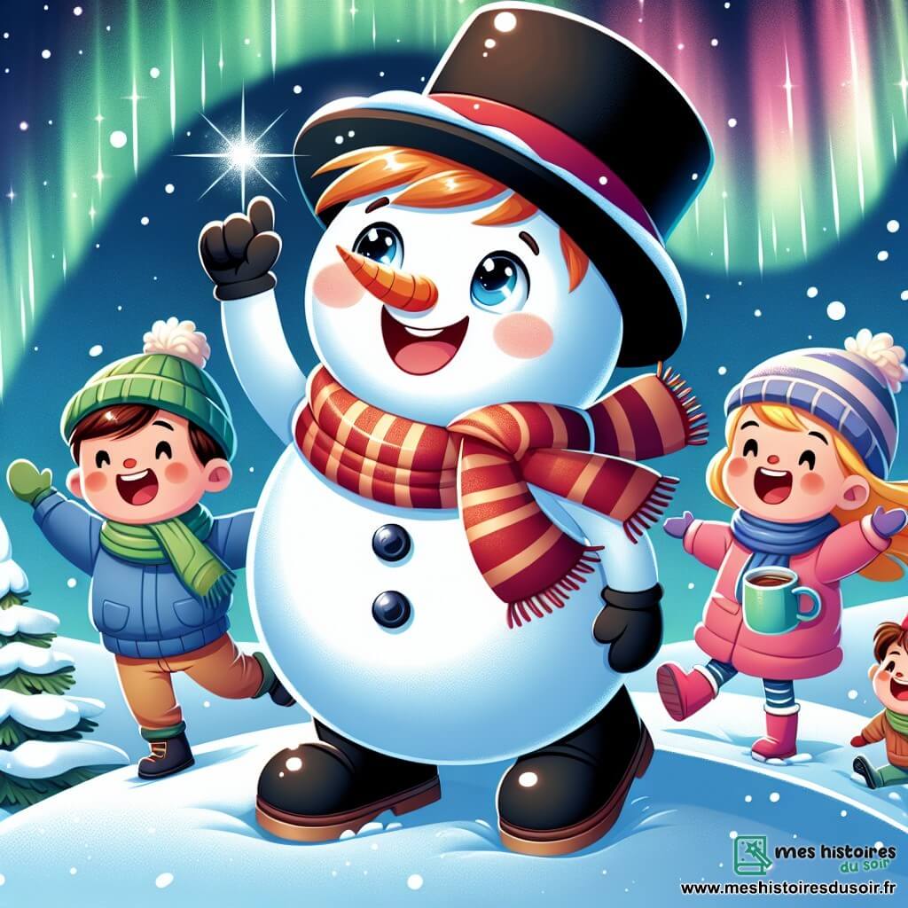 Illustration d'un bonhomme de neige joyeux avec un chapeau haut de forme noir et une écharpe rouge, se tenant sur une colline enneigée, admirant le ciel. Près de lui, trois enfants, deux garçons et une fille, s'amusent : un garçon aux cheveux bruns avec un bonnet bleu et des gants jaunes, une fille aux cheveux blonds tenant une tasse de chocolat chaud, et un garçon roux avec une écharpe verte qui saute de joie. Le paysage est une colline recouverte de neige sous un ciel nocturne illuminé par des aurores boréales. L'ensemble dégage une atmosphère chaleureuse et festive, avec des flocons de neige et des sapins en arrière-plan.