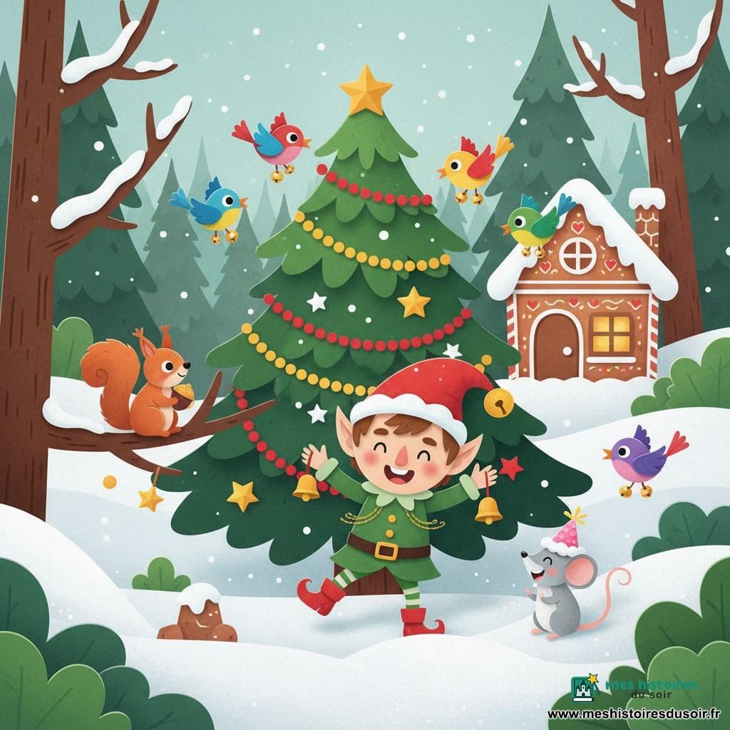 Un petit lutin farceur au bonnet rouge pointu et clochette dorée, veste verte cousue de fil d'or, danse joyeusement sous un sapin décoré; un écureuil roux perché à gauche tient une petite noix brillante, une souris grise coquette au chapeau en sucre rose se tient près des bottes du lutin à droite, plusieurs oiseaux colorés aux ailes arrondies avec minuscules grelots aux pattes voltigent autour, le tout dans une clairière enneigée au sol scintillant, sapin orné de guirlandes en papier et d'étoiles découpées et une maisonnette en pain d'épices à fenêtre éclairée en arrière-plan, ambiance chaleureuse, drôle et magique, couleurs vives et formes simples.