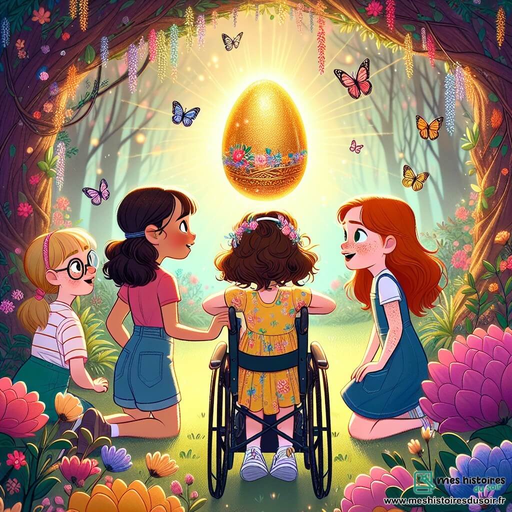 Dans une clairière enchantée, quatre amies se tiennent ensemble, entourées de fleurs et de papillons. Léa, 10 ans, a des cheveux bruns bouclés et porte une robe jaune à fleurs. Emma, également 10 ans, est dans un fauteuil roulant, avec des cheveux blonds et un t-shirt rose. Nora, 9 ans, a des cheveux châtains et des lunettes, fascinée par un œuf coloré. Marie, 10 ans, aux cheveux roux, se tient à côté de Léa avec un sourire malicieux, portant une robe verte. La clairière, baignée de lumière dorée, présente un grand œuf scintillant décoré de motifs. Les amies découvrent un œuf magique d'où émerge le lapin de Pâques, créant une atmosphère joyeuse et magique.