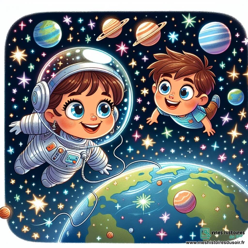 Lila, astronaute joyeuse aux cheveux bruns en chignon et portant une combinaison spatiale brillante, sourit en flottant dans l'espace, entourée d'étoiles et de planètes colorées. À ses côtés, Tom, un garçon curieux de 8 ans aux cheveux blonds en bataille et t-shirt bleu, l'observe avec admiration. La scène se déroule dans l'immensité de l'espace, avec la Terre bleue et verte en arrière-plan, entourée de constellations et d'une Lune argentée. Lila et Tom explorent ensemble l'espace, émerveillés par la beauté des étoiles et des planètes.
