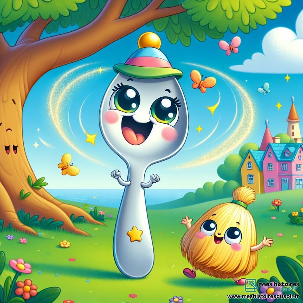 Cuillou, une cuillère souriante avec de grands yeux et un chapeau coloré, chante et danse joyeusement sous un arbre. Elle a un sourire éclatant et ses petits bras sont levés, comme si elle tournait. À côté, Balou, un petit balai aux poils dorés, rit aux éclats, prêt à danser. Le décor est un village coloré avec des maisons vives, des fleurs éclatantes et un ciel bleu. Cuillou court après son chapeau magique qui tourne tout seul, tandis que Balou l'encourage, créant une ambiance joyeuse et riante.