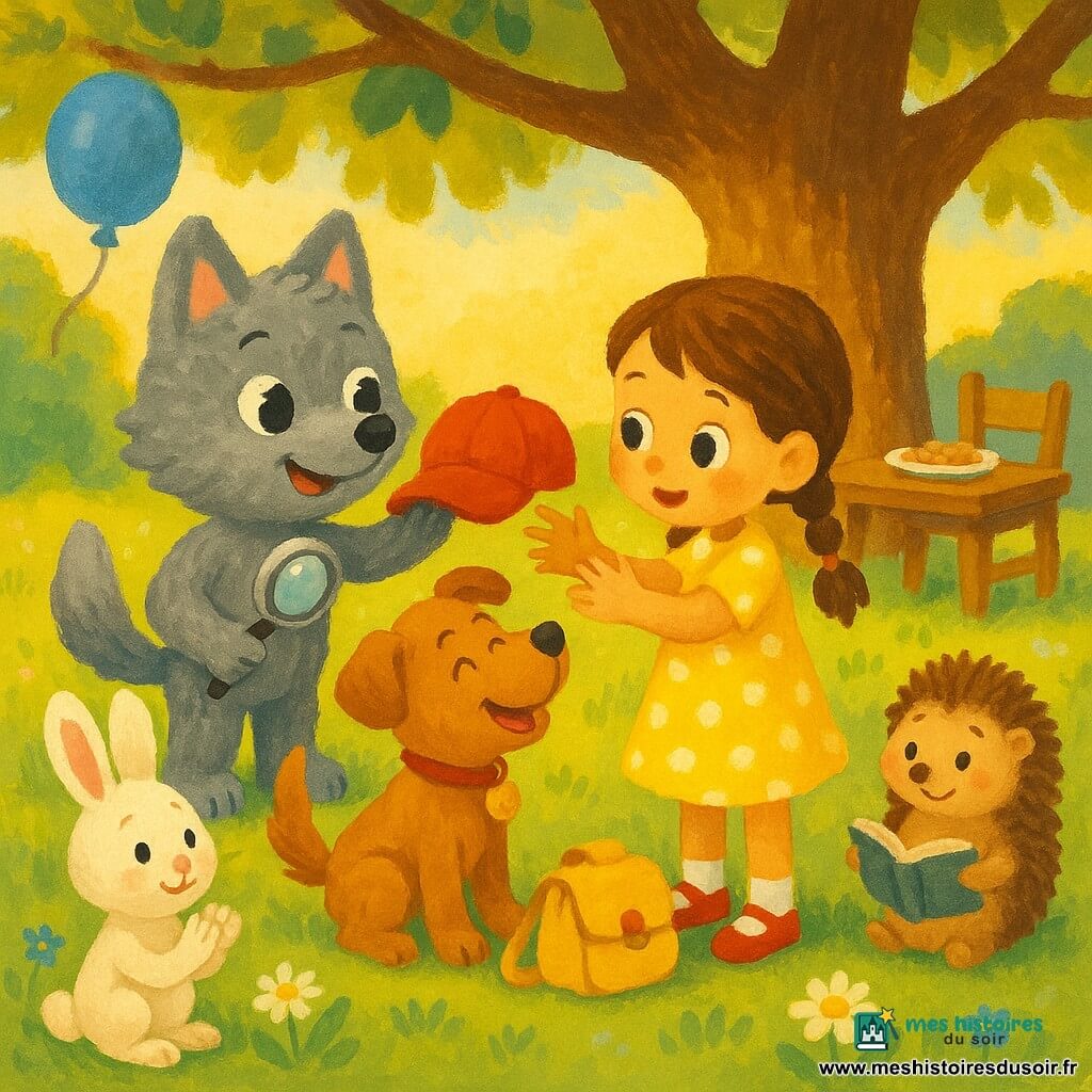 Loupou, petit loup anthropomorphe au pelage gris et aux grands yeux brillants, sourit en tendant une casquette rouge à Mia, fillette à tresses brunes et robe jaune à pois blancs, tandis que Rusty, chien roux au collier à clochette, pose un petit sac jaune à ses pieds; Lila la lapine blanche applaudit assise sur l'herbe à gauche et Jojo le hérisson rond, à droite, sourit timidement en tenant un carnet; scène de réconciliation sous un grand chêne dans un parc ensoleillé avec herbe, fleurs et un ballon bleu, ambiance chaleureuse et couleurs douces à la gouache.