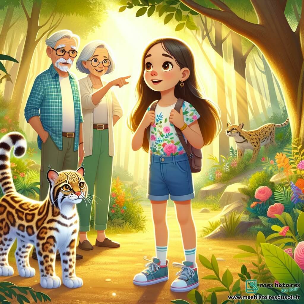 Au centre de l'image, une fille de 12 ans, Léa, aux longs cheveux bruns et aux yeux curieux, se tient émerveillée dans une clairière ensoleillée. Elle porte un t-shirt coloré et un short, avec un petit sac à dos. Son visage exprime une joie intense en observant un ocelot majestueux devant elle. À ses côtés, ses grands-parents, une femme d'environ 65 ans avec des cheveux gris et un homme d'environ 70 ans avec une barbe blanche, regardent la scène avec étonnement et fierté. La grand-mère sourit, tandis que le grand-père pointe l'ocelot avec admiration. Le lieu est une forêt verdoyante, baignée de lumière dorée, avec des fleurs colorées et des papillons. Léa, fascinée par l'ocelot, est invitée à le suivre dans une aventure à travers la nature, symbolisant le début d'une grande aventure.