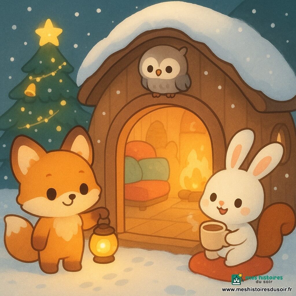 Lino, un petit renard roux au pelage miel et grandes oreilles, tient une lanterne et ouvre la porte ronde de sa maison en bois; Félix, un lapin blanc tient une tasse de chocolat chaud derrière lui; Mina, une chouette minuscule grise, est perchée sur le cadre, Oscar, un écureuil roux, mange un biscuit en étoile sur un coussin, et Brune, une blairelle brune, est assise près du feu; la scène se situe dans une clairière enneigée avec un sapin décoré, flocons tombants et traces d'animaux, la porte ouverte révèle un intérieur cosy aux coussins colorés, feu qui crépite et vapeur de chocolat, ambiance chaleureuse de Noël en style graphique aux traits ronds, couleurs pastel saturées, textures moelleuses et éclairage doux.