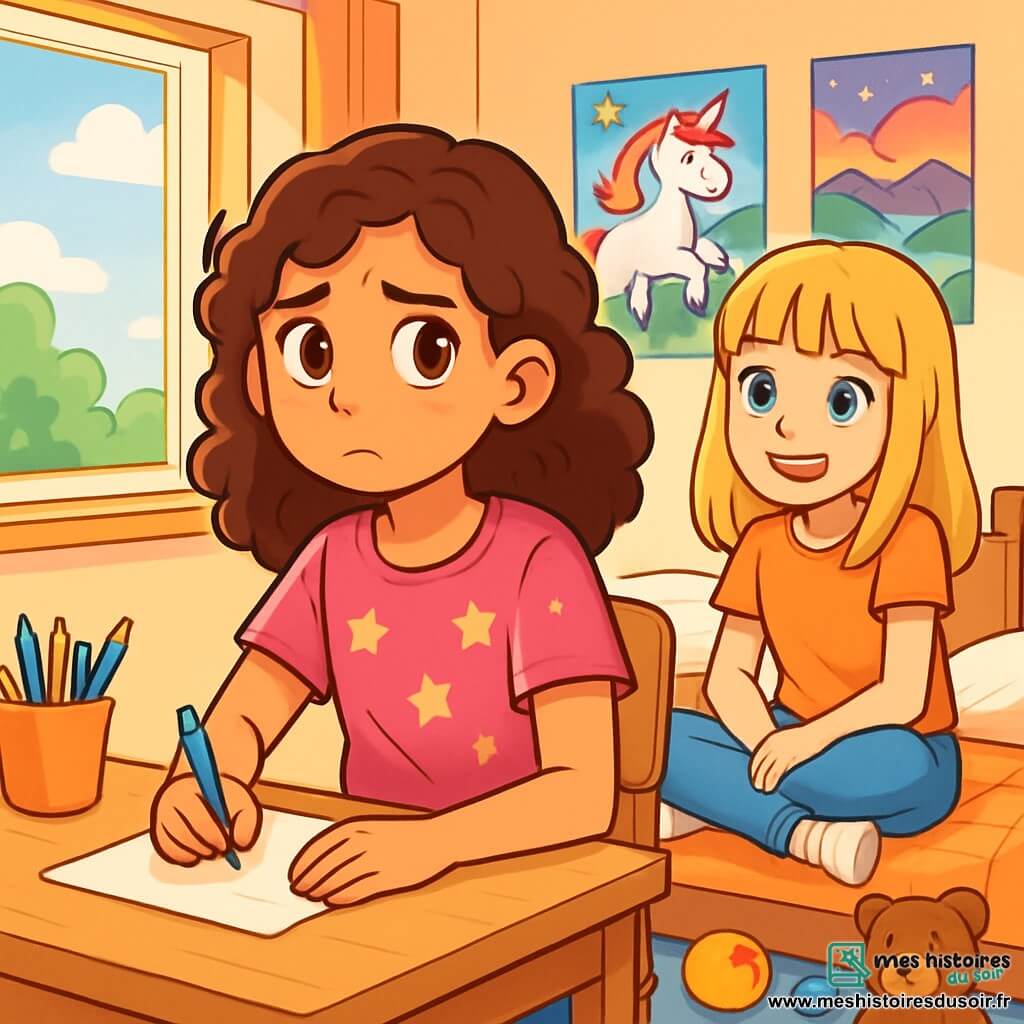 Une fille de 12 ans, Léa, aux cheveux châtains bouclés et aux yeux brillants, est assise à son bureau en bois clair, l'air pensif et inquiet. Elle porte un t-shirt rose avec des étoiles et un jean bleu, ses mains sont posées sur une feuille de papier, prête à écrire une lettre. À côté d'elle, sa meilleure amie Chloé, également âgée de 12 ans, avec des cheveux blonds et une frange, l'encourage avec un sourire, assise sur le lit à proximité. La chambre est décorée de posters de licornes et de paysages fantastiques, une fenêtre ouverte laissant passer la lumière du soleil sur les jouets éparpillés. Léa écrit une lettre à ses parents, son visage exprimant détermination et nervosité, tandis que Chloé lui offre son soutien, créant une atmosphère d'amitié et de compréhension.