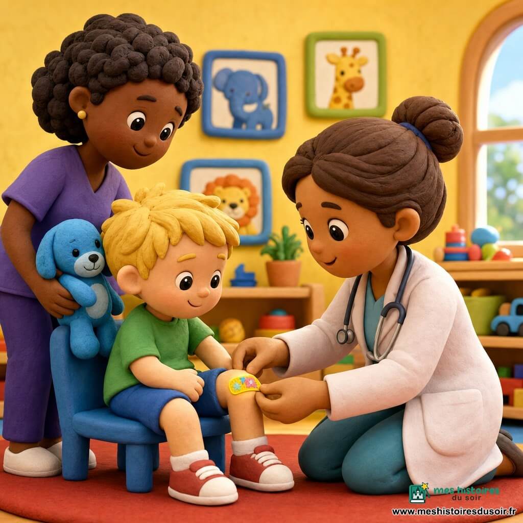 Une médecin souriante aux cheveux bruns en chignon et blouse blanc rosé s'agenouille pour poser un pansement coloré sur le genou d'un garçon de 4 ans aux cheveux blonds en bataille, assis et rassuré; une assistante d'une trentaine d'années aux cheveux courts bouclés tient un doudou bleu derrière la chaise; crèche lumineuse aux murs jaune pâle, jouets en bois sur étagères basses, tapis rond rouge et petites peintures d'animaux; ambiance tendre, calme et sécurisante, formes douces.