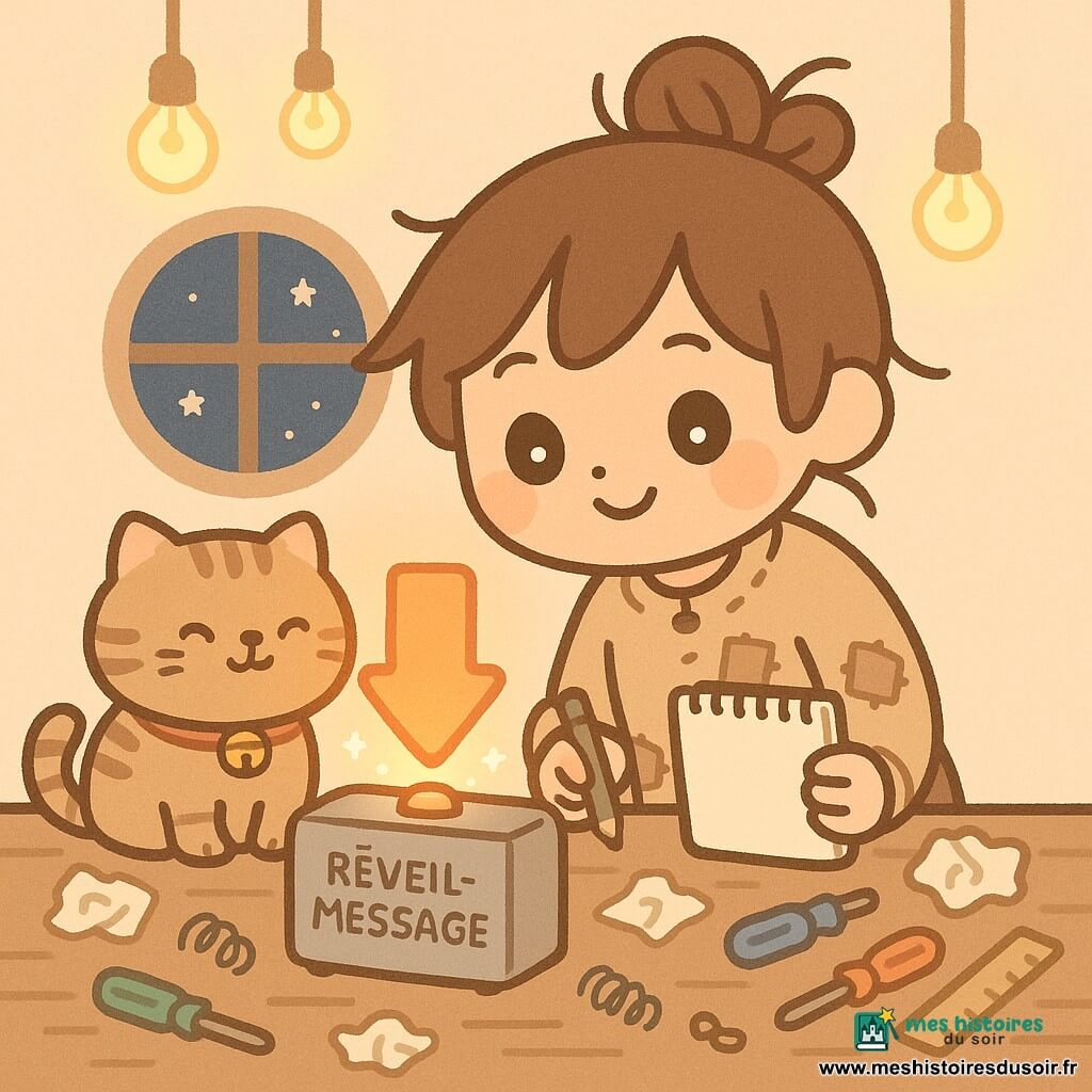 Maëlys, inventrice souriante et concentrée aux joues légèrement rouges, porte une blouse rapiécée, les cheveux en chignon désordonné, tient un carnet et un crayon penchée sur une table encombrée; à sa gauche, Pistache, un chat tigré rond et affectueux avec une clochette, observe une boîte métallique brillante appelée « Réveil-Message » qui émet une flèche lumineuse orange pointant vers le sol et de petits éclats scintillants; l’atelier chaud et intime comporte une grande table en bois couverte de papiers froissés et d’outils colorés, des ampoules jaunes suspendues et une fenêtre ronde sur un ciel nocturne étoilé; la scène centrée capture l’instant où la flèche s’allume, Maëlys hésitante mais pleine d’espoir, prête à choisir sa direction, dans des tons pastels, traits simples et formes arrondies.
