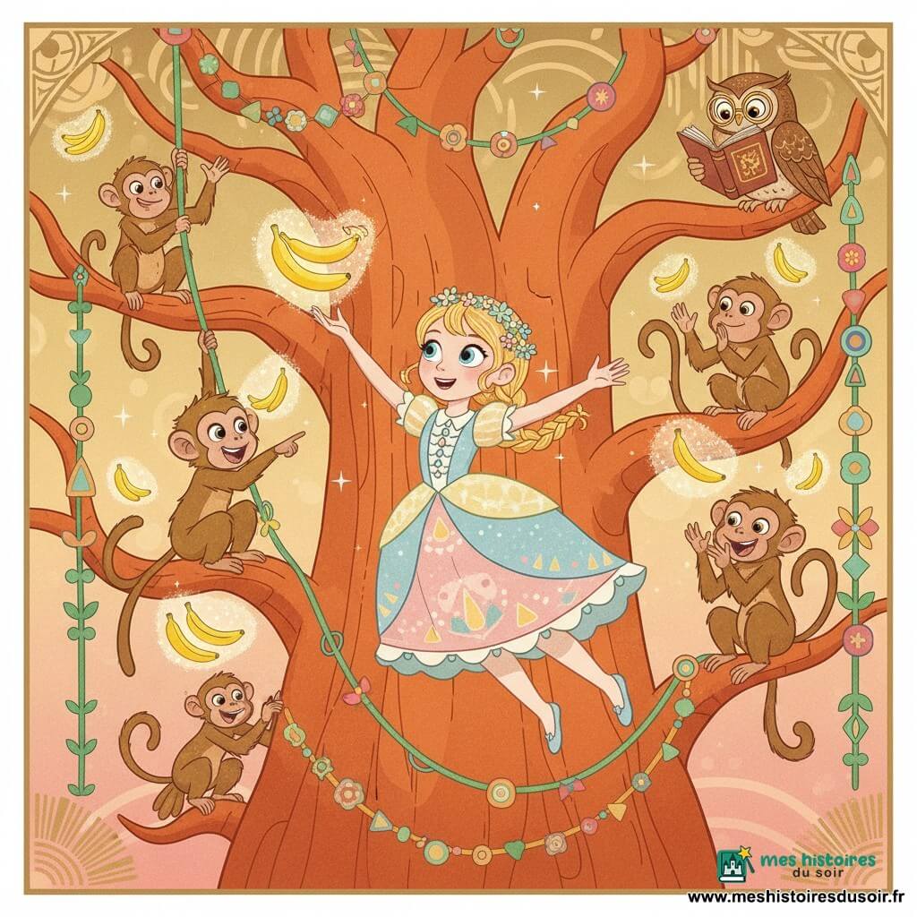 Princesse malicieuse aux cheveux blonds en couronne tressée, robe pastel à volants, saute sur une grosse branche du Grand Baobab pour attraper une banane flottante ; Coco, petit singe brun doré d’environ six ans, accroché à une liane à gauche, rit et montre une banane tournoyante, tandis que plusieurs singes joueurs dans les branches font des grimaces et applaudissent, des bananes jaunes flottent comme des bulles scintillantes, Madame Chouette aux lunettes rondes, posée sur une branche haute avec un vieux livre ouvert, observe la scène ; le Grand Baobab est gigantesque, troncs noueux orange-roux, branches ornées de fleurs et de lianes, ambiance lumineuse et joyeuse, ciel doré-rose avec touches art déco, couleurs saturées et textures lisses.