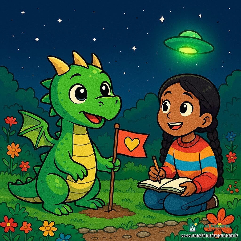 Drako, un petit dragon vert aux écailles brillantes et aux yeux curieux, se tient au centre d'un jardin soigné, avec un drapeau d'amitié planté dans le sol. Il affiche une expression excitée et appréhensive, touchant le drapeau. À ses côtés, Mila, une fillette aux cheveux tressés, porte un pull coloré et un pantalon, son visage rayonnant d'enthousiasme alors qu'elle observe le ciel étoilé, un carnet ouvert à la main. Le jardin vibrant est rempli de fleurs colorées et de cailloux bien disposés, sous un ciel nocturne étoilé. Drako et Mila attendent l'arrivée d'un vaisseau extraterrestre, une lumière verte flottant au-dessus du terrain vague voisin, créant une atmosphère de mystère et d'aventure.