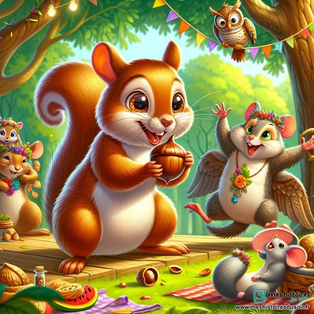 Illustration d'un jeune écureuil au pelage brun brillant et aux yeux malicieux, souriant en tenant une noisette et dansant sur une scène de branches et de feuilles, entouré de ses amis. À ses côtés, une petite souris grise avec une fleur sur l'oreille rit et danse. Un hibou sage, avec des lunettes et un plumage brun, applaudit le spectacle. L'action se déroule dans un parc verdoyant, sous la lumière dorée du soleil couchant, avec des arbres, des fleurs et une nappe de pique-nique en arrière-plan. Le jeune écureuil et ses amis présentent un spectacle surprise pour la fête des pères, tandis que les autres animaux les admirent. L'ambiance est festive, avec des guirlandes, des ballons et des sourires radieux.