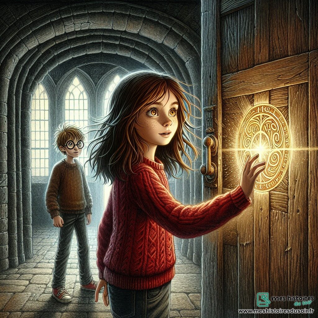 Léa, une fille de 11 ans aux longs cheveux bruns et aux yeux curieux, se tient devant une porte en bois ancienne, son visage exprimant émerveillement et appréhension. Elle porte un pull rouge et un jean, sa main tendue vers la poignée. À sa droite, Max, un garçon de 12 ans avec des cheveux blonds en bataille et des lunettes rondes, observe la scène avec excitation et peur, hésitant à la suivre. Le décor est une vieille école aux murs en pierre grise, avec des fenêtres poussiéreuses et des toiles d'araignée, créant une ambiance mystérieuse. La porte ornée d'un symbole étrange semble vibrer d'une énergie secrète. Léa est sur le point d'ouvrir la porte, tandis que Max, inquiet, la regarde. L'atmosphère est chargée de suspense, comme si le bâtiment retenait son souffle.