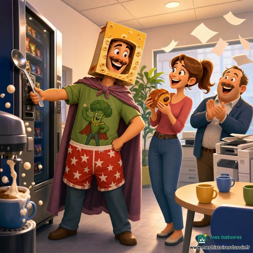 Gustave, fier et un peu gaffeur, sourit largement, yeux pétillants ; il porte un vieux caleçon rouge à étoiles par-dessus un pantalon, un t-shirt vert "Super Brocoli", une cape de rideau froissée et un masque en boîte de céréales ; il tend une grande cuillère en métal coincée dans la fente d’une machine distributrice. Zoé, ~20 ans, queue de cheval, rieuse et soulagée, tient un pain au chocolat doré et regarde Gustave avec admiration. Paul, ~40 ans, visage rond et moustache légère, en tenue décontractée, applaudit en riant près d’une plante en plastique. Dans une salle de pause de bureau lumineuse et colorée (sol carrelé, table avec tasses, machine à café, photocopieuse), la scène montre le sauvetage comique du goûter : cuillère coincée, bulles de café et feuilles qui volent, ambiance joyeuse, couleurs vives et gestes exagérés.