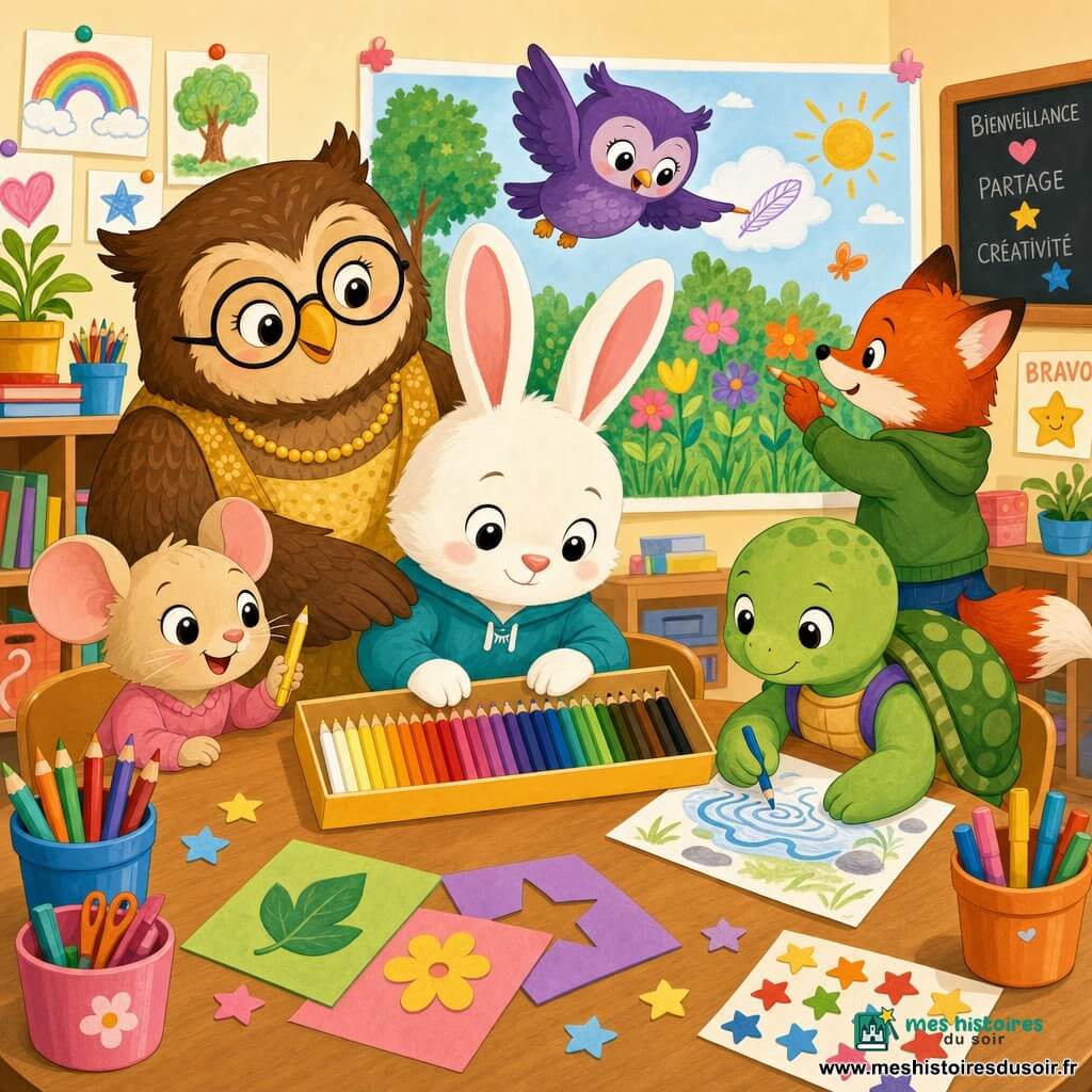 Lapi, un petit lapin blanc aux longues oreilles roses, range une rangée de crayons du plus clair au plus sombre sur une table en bois pendant que ses amis participent à la création d’une grande affiche représentant un jardin : Mila, une petite souris beige, tient un crayon jaune en regardant la file de crayons; Nino, un renard roux, ajoute un détail orange à l’affiche; Aya, une tortue verte, dessine des vaguelettes bleues; Zoé, une chouette violette, montre une plume dessinée dans le ciel; Madame Hibou, une grande chouette brune aux lunettes, pose une aile sur l’épaule de Lapi en signe d’encouragement. La salle de classe est lumineuse et accueillante, avec pots de crayons, gommettes et murs décorés, et le style est une illustration vectorielle plate, aux contours doux et couleurs vives et chaudes, lisible pour des enfants de 4 ans.