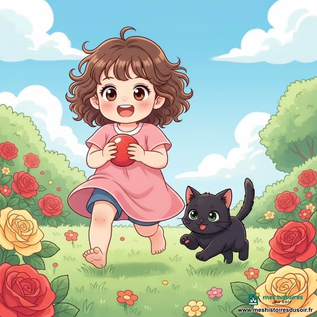 Fille de 2 ans joyeuse aux cheveux bouclés bruns et grands yeux noisette, pieds nus courant dans l'herbe avec une petite balle rouge, accompagnée à sa droite d'un petit chat noir aux yeux verts la suivant en bondissant ; jardin lumineux avec pelouse verte, roses rouges et jaunes, buisson vert foncé et ciel bleu parsemé de nuages, ambiance chaude et lumineuse, style aux traits doux et couleurs pastel vives, plan moyen en légère contre-plongée, profondeur avec fleurs au premier plan et arbre flou à l'arrière-plan.