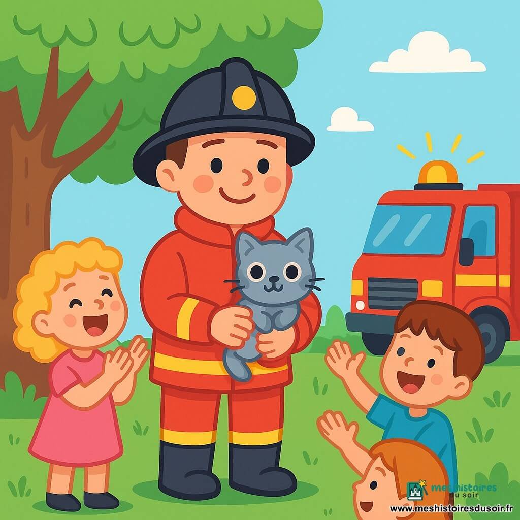 Un pompier nommé Max, portant une grande veste rouge, un casque noir et des bottes en caoutchouc, sourit fièrement en tenant un chaton gris dans ses bras. Le chaton, aux grands yeux ronds, semble heureux. Autour de lui, des enfants âgés de 5 à 7 ans applaudissent, dont une fille aux cheveux blonds et bouclés en robe rose qui crie : « Bravo, Max ! » et un garçon aux cheveux bruns en t-shirt bleu qui lève les bras. La scène se déroule sous un grand arbre vert avec un ciel bleu clair. Le camion de pompier rouge est garé à proximité. Max vient de sauver le chaton coincé dans l'arbre, entouré d'enfants joyeux célébrant son acte héroïque.