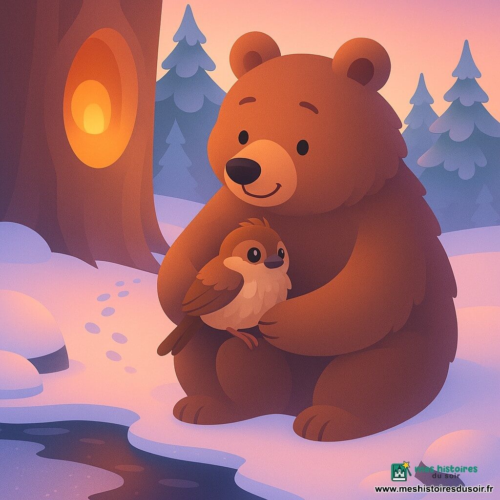 Barnabé, un gros ours brun au pelage épais et au regard bienveillant, serre contre son flanc un petit moineau tremblant qu'il réchauffe tendrement au bord d'un ruisseau partiellement gelé, tandis que la présence d'Horace le hibou se devine par une lueur dans une cavité d'arbre; les berges enneigées et les sapins chargés de neige, éclairés par un coucher de soleil rosé aux tons pêche et lavande contrastant avec des ombres bleutées, soulignent l'atmosphère d'empathie et de chaleur au cœur d'un hiver silencieux.