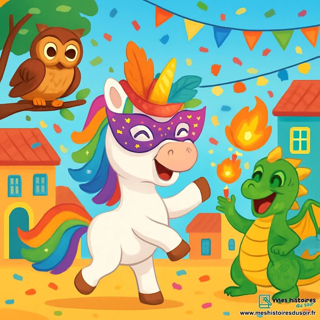Au centre de l'image, une licorne nommée Paillette, avec une crinière arc-en-ciel et des yeux pétillants, danse joyeusement sur la place du village. Elle est d'un blanc éclatant et porte un masque magique orné de plumes colorées. À sa droite, un dragon amical aux écailles vertes et dorées jongle avec des boules de feu, tandis qu'à sa gauche, une chouette sage observe la scène depuis une branche. La place est animée, décorée de guirlandes lumineuses et de fanions colorés, avec des confettis multicolores tombant du ciel. Paillette danse entourée de ses amis, célébrant la joie et l'amitié au carnaval.