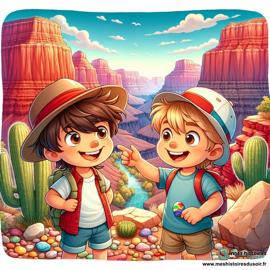 Deux garçons de quatre ans, Lucas et Tom, se tiennent au bord du Grand Canyon. Lucas, avec des cheveux bruns en bataille et un chapeau rouge, admire le paysage. Tom, aux cheveux blonds et portant un t-shirt bleu, montre une pierre colorée qu'il a trouvée. Le Grand Canyon s'étend derrière eux avec ses falaises aux teintes rouge, orange et jaune, éclairées par le soleil. Ils cherchent des pierres colorées, leurs visages rayonnants de joie, tandis que Lucas a retrouvé son chapeau près d'un cactus.