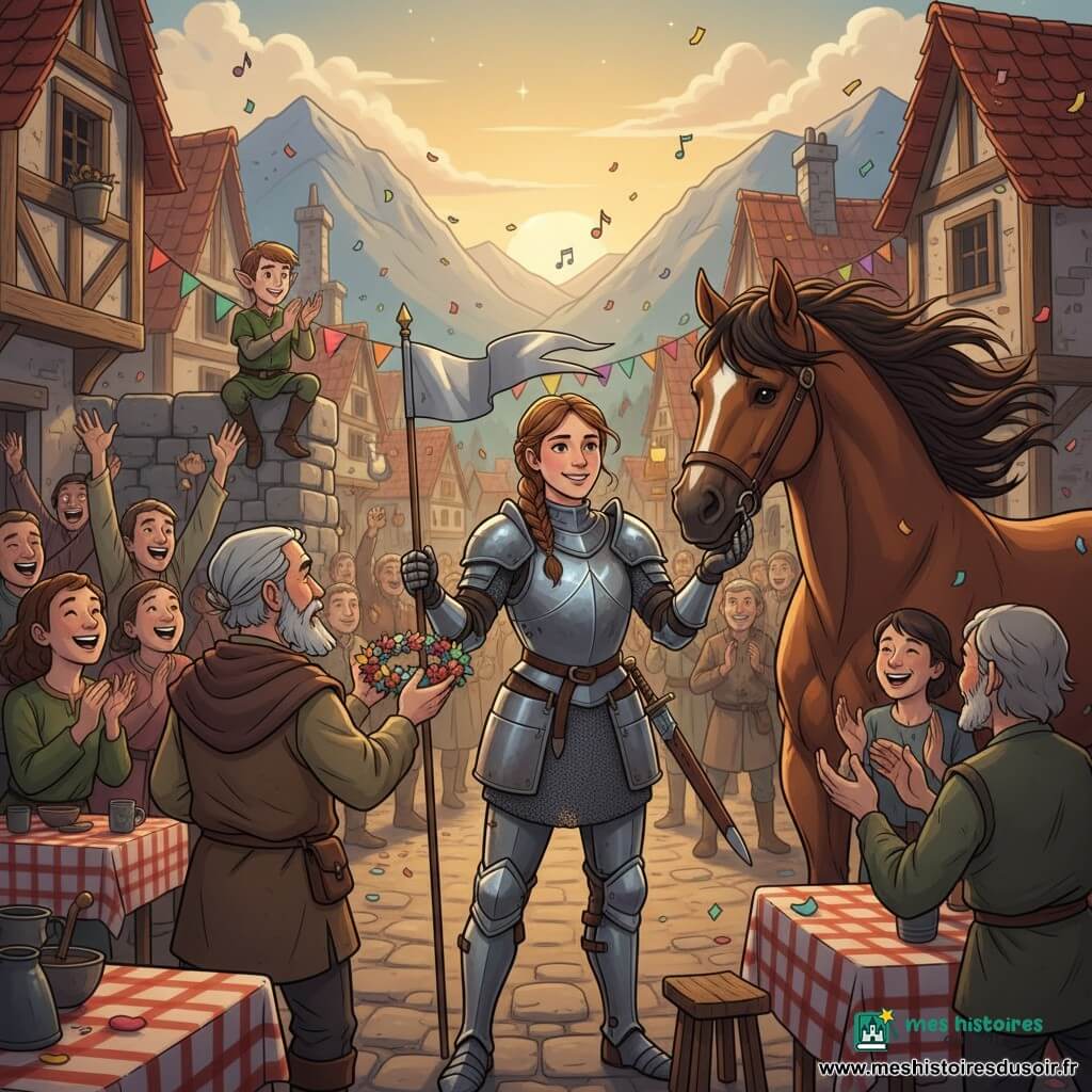 Chevaleresse Alix au sourire confiant, visage clair, cheveux châtains tressés, armure brillante légèrement usée avec reflets bleus, tenant un petit étendard argenté, debout au centre de la place du village, posture fière; à sa droite, le cheval Tempête, robe alezan sombre, crinière soufflée par le vent, museau proche de sa main; derrière elle, un petit elfe garçon d’environ 10 ans, visage espiègle, oreilles pointues, tenue verte feuille, perché sur un muret et applaudissant; face à Alix, le chef du village, homme âgé à la barbe grise soignée, vêtu de laine brune et tenant une couronne de fleurs; la place entourée de maisons en pierre et bois aux toits en tuiles rouges, guirlandes colorées et lanternes suspendues, nappes à carreaux sur des tables et confettis dans l’air; crépuscule doré mêlé aux premières étoiles, montagnes bleutées en arrière-plan, atmosphère chaleureuse et festive, couleurs saturées et contrastes doux; scène : arrivée triomphante d’Alix accueillie par des villageois en fête, gestes amicaux, musique et rires visibles par le mouvement de la foule, composition centrée sur la chevaleresse pour transmettre courage et bienveillance.