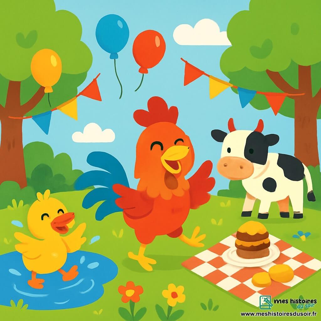 Un coq coloré danse joyeusement dans une clairière ensoleillée. À sa droite, une vache blanche et noire prépare des gâteaux sur une nappe à carreaux. À sa gauche, un canard aux plumes jaunes joue dans une mare. La clairière est entourée d'arbres verts, de fleurs colorées et d'un ciel bleu. La scène évoque une fête animée, remplie de rires, avec des ballons et des guirlandes accrochées aux arbres.