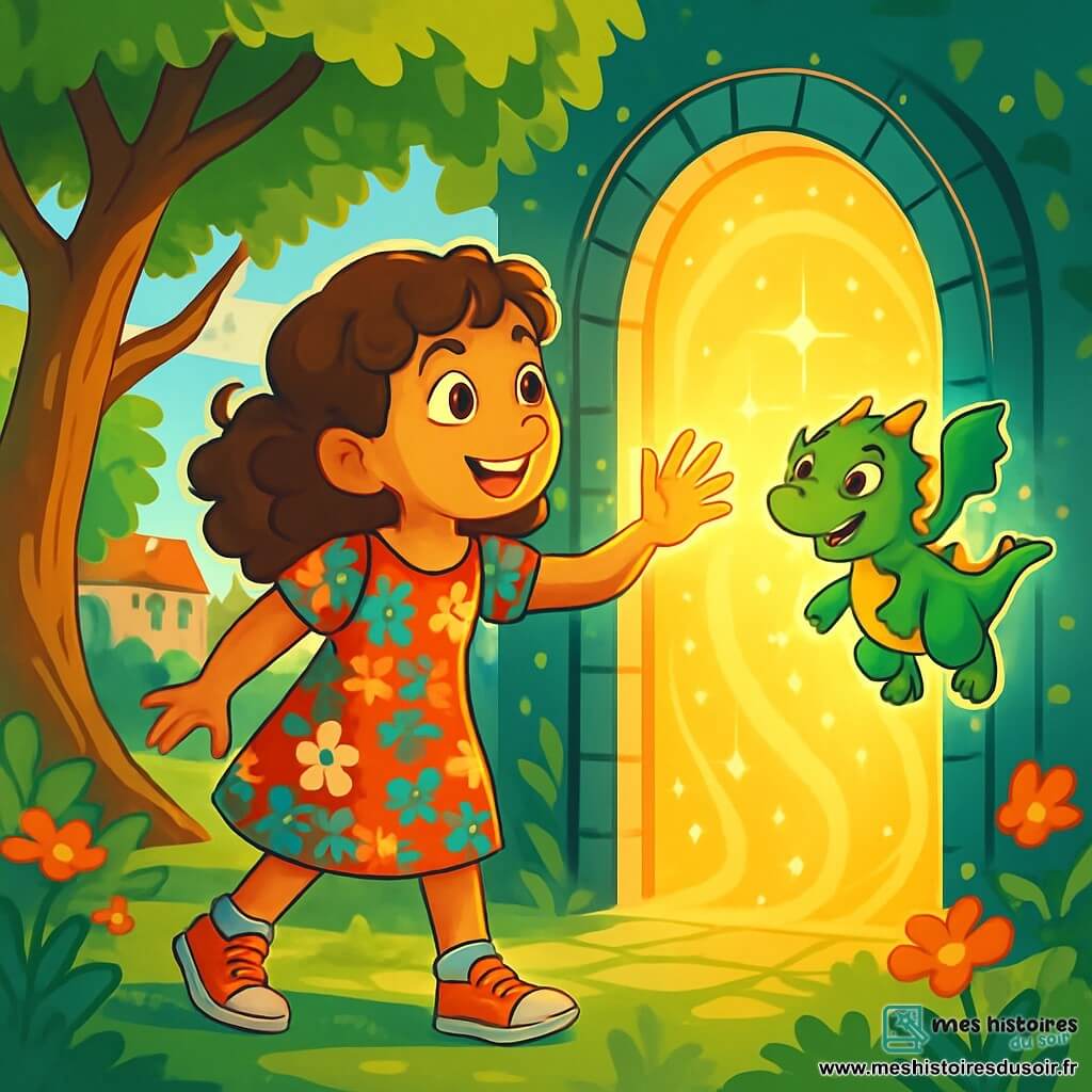 Juliette, une fille de 10 ans aux boucles brunes et aux yeux curieux, se tient devant un portail magique scintillant, son visage rayonnant d'émerveillement. Elle porte une robe colorée à motifs floraux et des baskets usées, tendant la main vers la lumière dorée du portail. À ses côtés, Pixel, un petit dragon vert aux écailles brillantes et aux yeux malicieux, flotte dans les airs avec un sourire amical, entouré d'une aura lumineuse. Le parc urbain enchanteur est rempli d'arbres noueux et de fleurs éclatantes, avec des rayons de soleil filtrant à travers les feuilles. En arrière-plan, des bâtiments de la ville avec des toits de tuiles rouges contrastent avec la magie du parc. Juliette, déterminée, est prête à franchir le portail vers un monde fantastique, encouragée par Pixel, créant une atmosphère d'aventure.