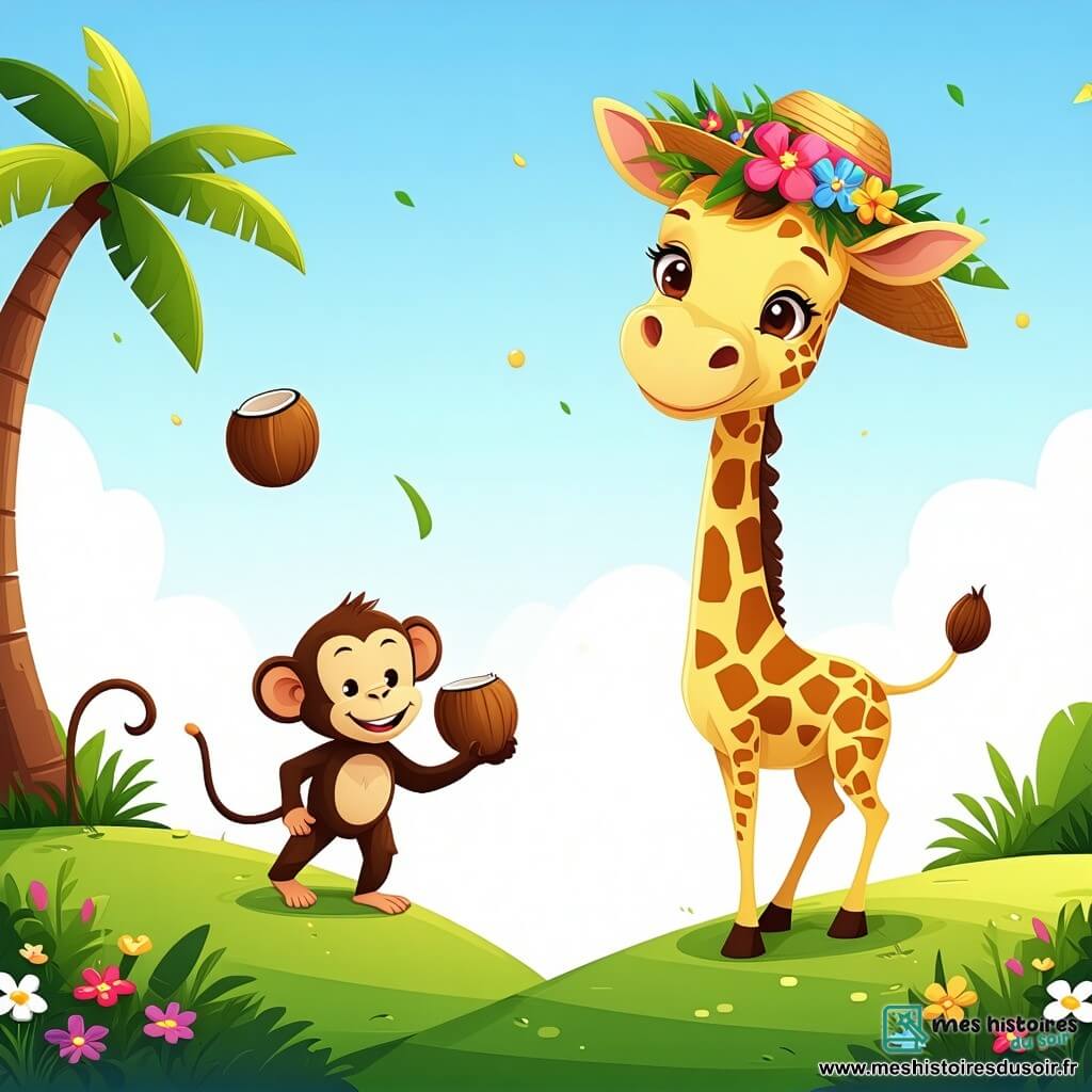 Gisèle la girafe, avec son long cou et ses grandes taches jaunes, se tient joyeusement au sommet d'une colline, les yeux pétillants. Elle porte un chapeau en feuilles de palmier et fleurs colorées. À ses côtés, Marcel le singe jongle avec des noix de coco, tandis que Véronique la tortue, avec son chapeau en forme de pastèque, sourit en tenant un gâteau aux bananes. Le paysage est rempli d'arbres luxuriants, de fleurs éclatantes et d'un ciel bleu clair. Ils se préparent pour la course des chapeaux volants, entourés de rires et d'une atmosphère festive dans leur village de Bambouville.