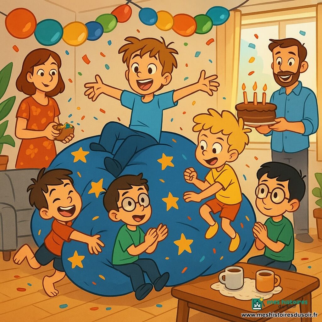 Six personnages dans un salon familial chaleureux : Noé (garçon 9 ans, cheveux châtain clair, t-shirt bleu), allongé au sommet d’un grand coussin étoilé bleu les bras ouverts; Tom (garçon 9 ans, cheveux bruns, t-shirt rouge) coincé sous un bras du coussin, jambes visibles; Yanis (garçon 9 ans, cheveux noirs, lunettes, t-shirt vert) assis à droite en train d’applaudir; Léo (garçon 9 ans, cheveux blonds bouclés, t-shirt jaune) à mi-saut vers le coussin; la mère de Noé (environ 35 ans, robe à fleurs) debout derrière avec une boîte de confettis et un sourire tendre; le père (environ 37 ans, chemise bleue) tenant un gâteau au chocolat avec des bougies à l’arrière. Décor : parquet clair, canapé gris, table basse avec tasses, guirlandes de ballons, plante et lumière de matinée. Scène : fête d’anniversaire animée, quatre amis s’empilent et sautent sur le coussin, confettis en suspension, rires et mouvement, ambiance joyeuse et couleurs vives.