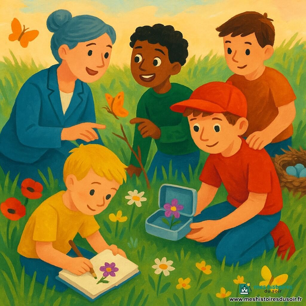 Cinq enfants et Madame Marin dans une grande prairie printanière au coucher de soleil : Léo, accroupi, tient une petite boîte en métal ouverte contenant une unique fleur violette qu’il regarde avec douceur ; Sami, debout à sa gauche, pointe un papillon posé sur une brindille avec un sourire émerveillé ; Tom, assis, dessine la fleur dans un carnet ; Hugo, légèrement en retrait, pose une main rassurante sur l’épaule de Léo en regardant un nid proche ; Madame Marin, agenouillée, souriante et attentive, montre la prairie aux enfants ; herbe verte piquée de coquelicots, pâquerettes et primevères, quelques papillons, un talus à droite abritant un petit nid avec cinq œufs bleus, lumière dorée rasante et textures gouache suggérant une atmosphère douce et attentive centrée sur la boîte et la fleur.