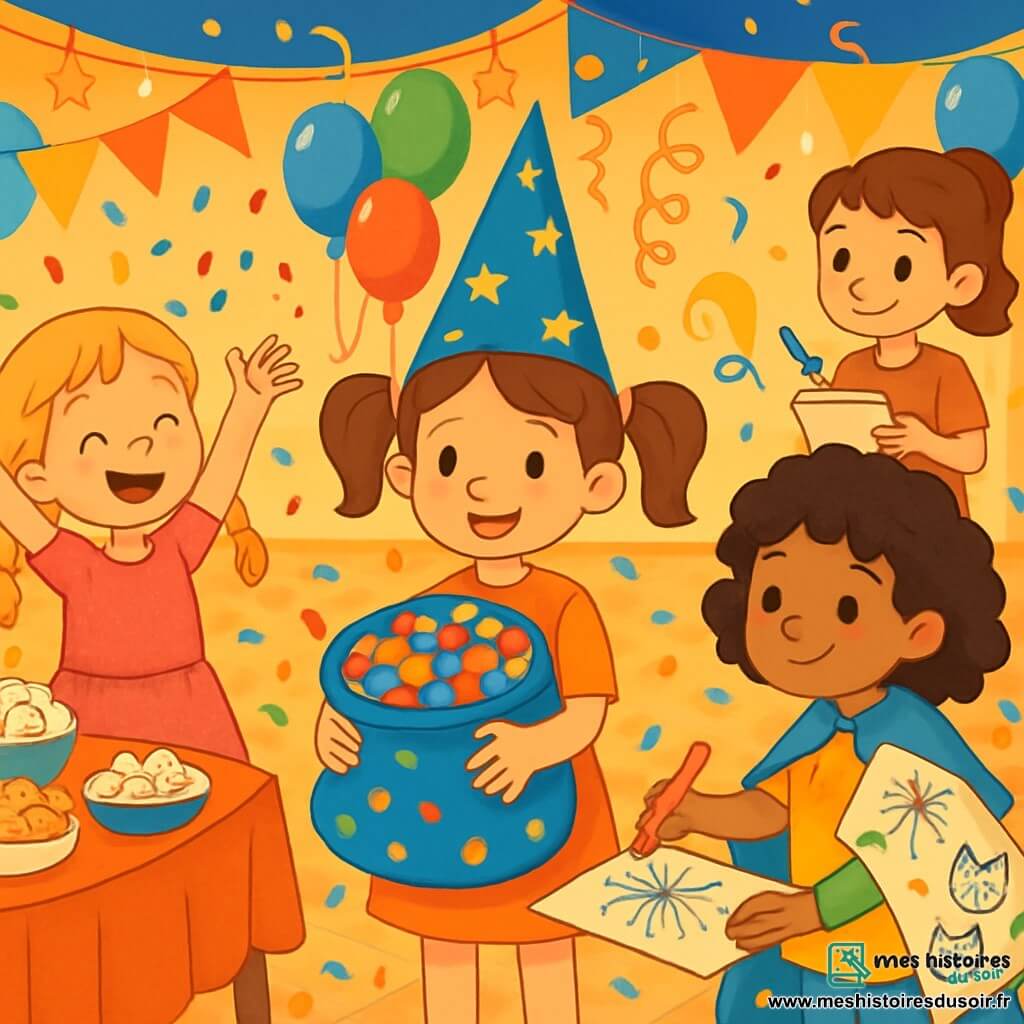 Quatre enfants se préparent pour leur fête du Nouvel An dans une grande salle des fêtes décorée de guirlandes scintillantes et de ballons colorés. Zoé, au centre, sourit en tenant un sac de cotillons. À gauche, Lila lance des confettis avec joie, tandis que Maïssa, à droite, dessine une banderole. Nina, en arrière, les observe avec un sourire malicieux. L'ambiance est festive, remplie de rires et de couleurs.